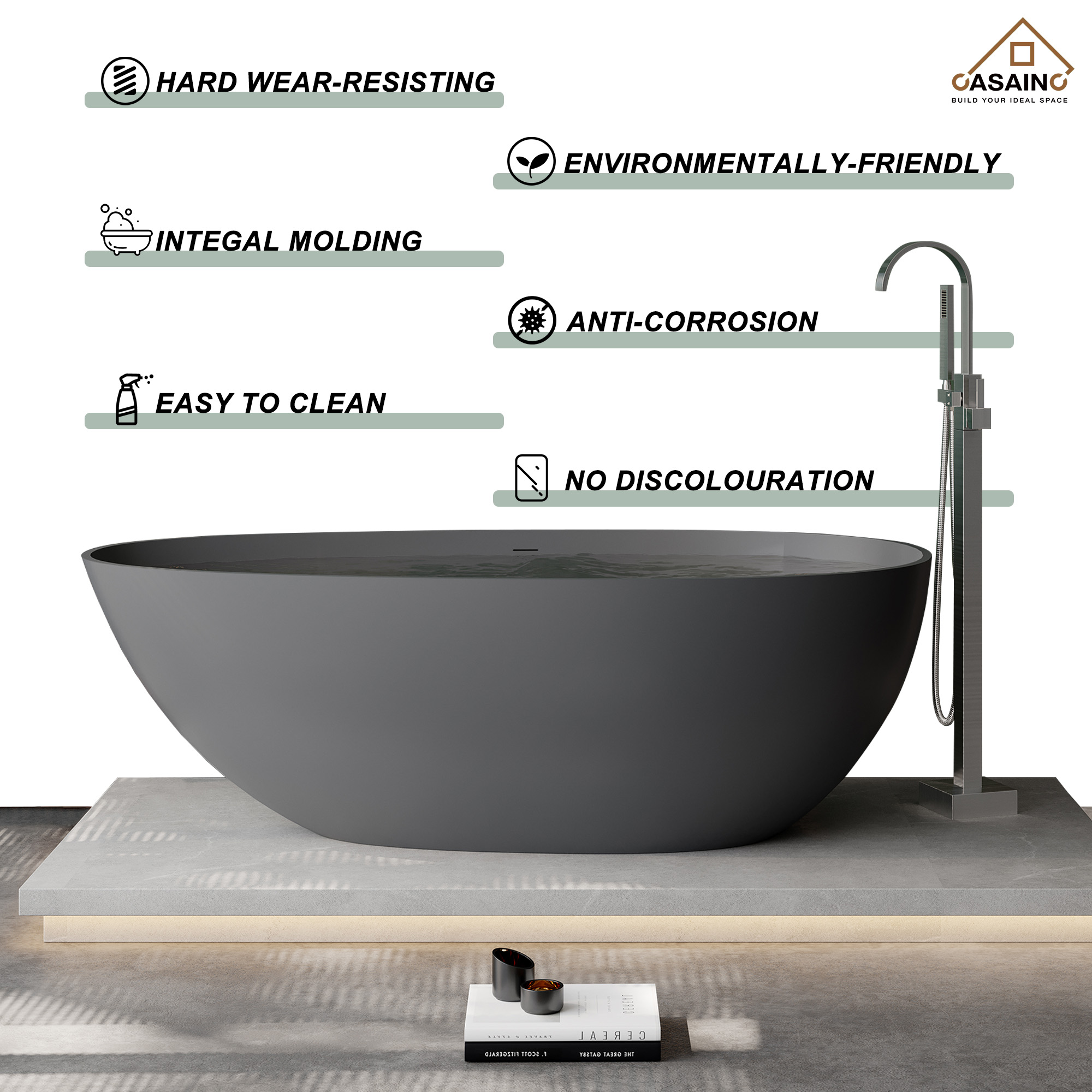 67" Solid Surface Freestanding Bathtub(Matte Grey& Matte Black)