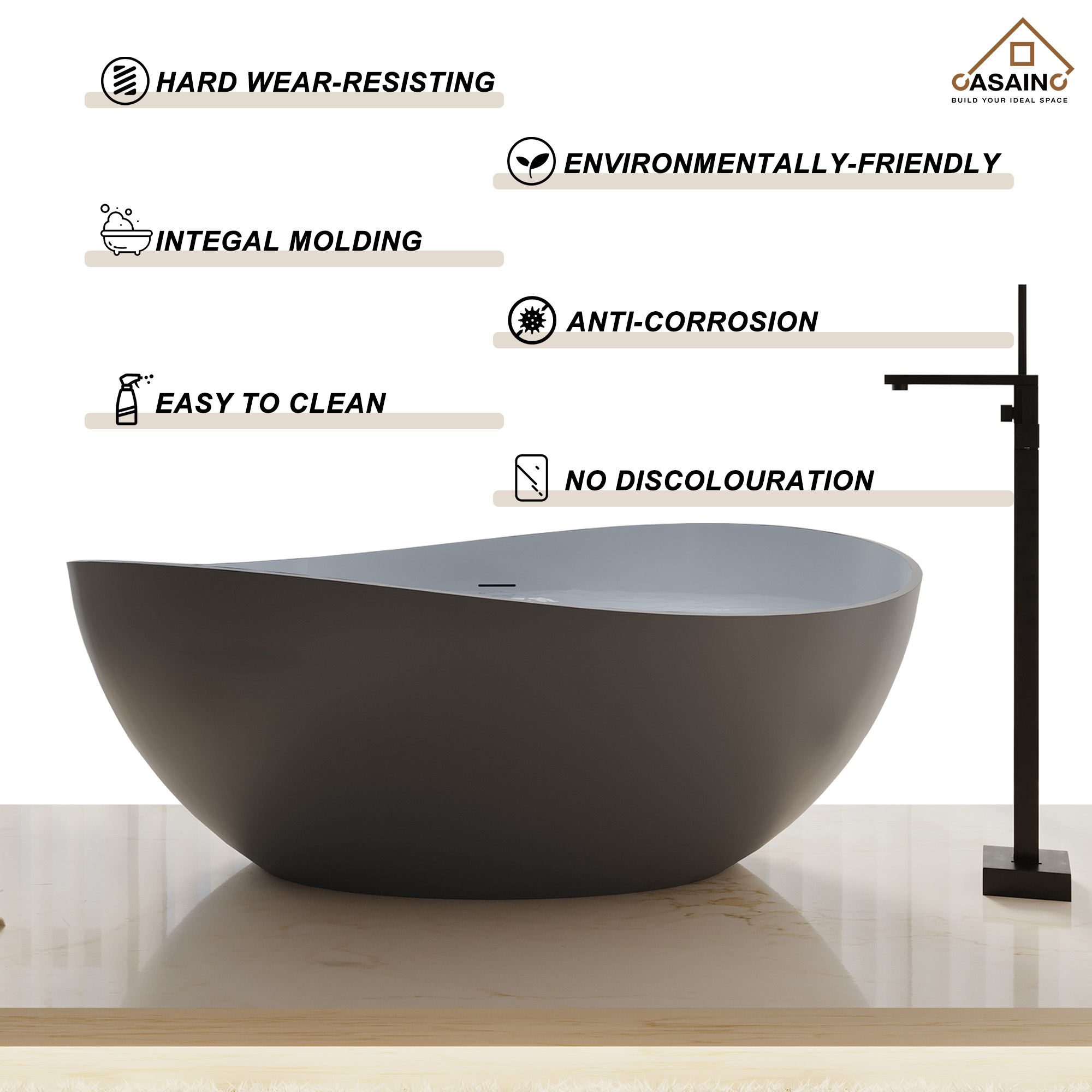 63" Solid Surface Freestanding Bathtub in (MatteBlack&Grey)