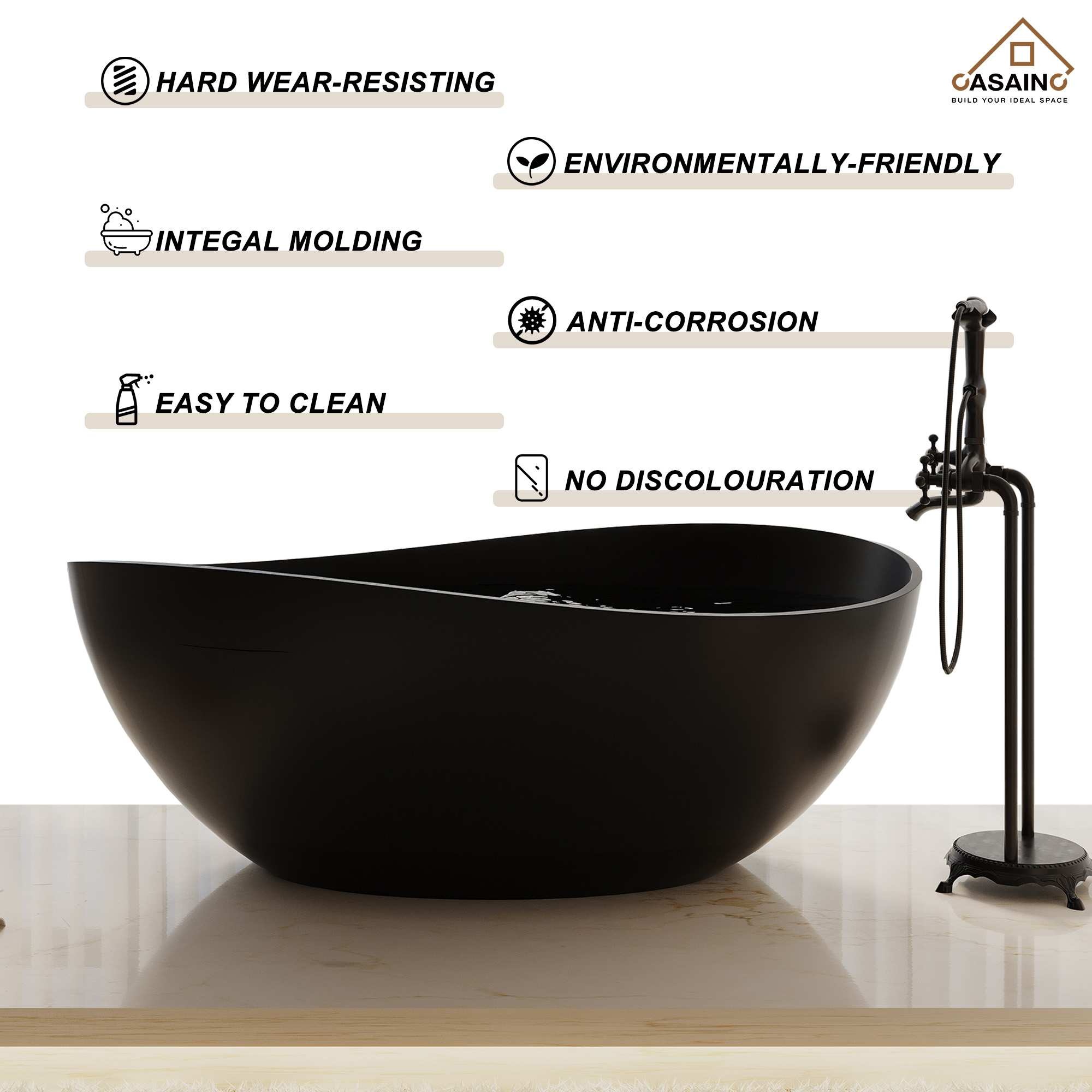 63" Solid Surface Freestanding Bathtub in (MatteBlack&Grey)