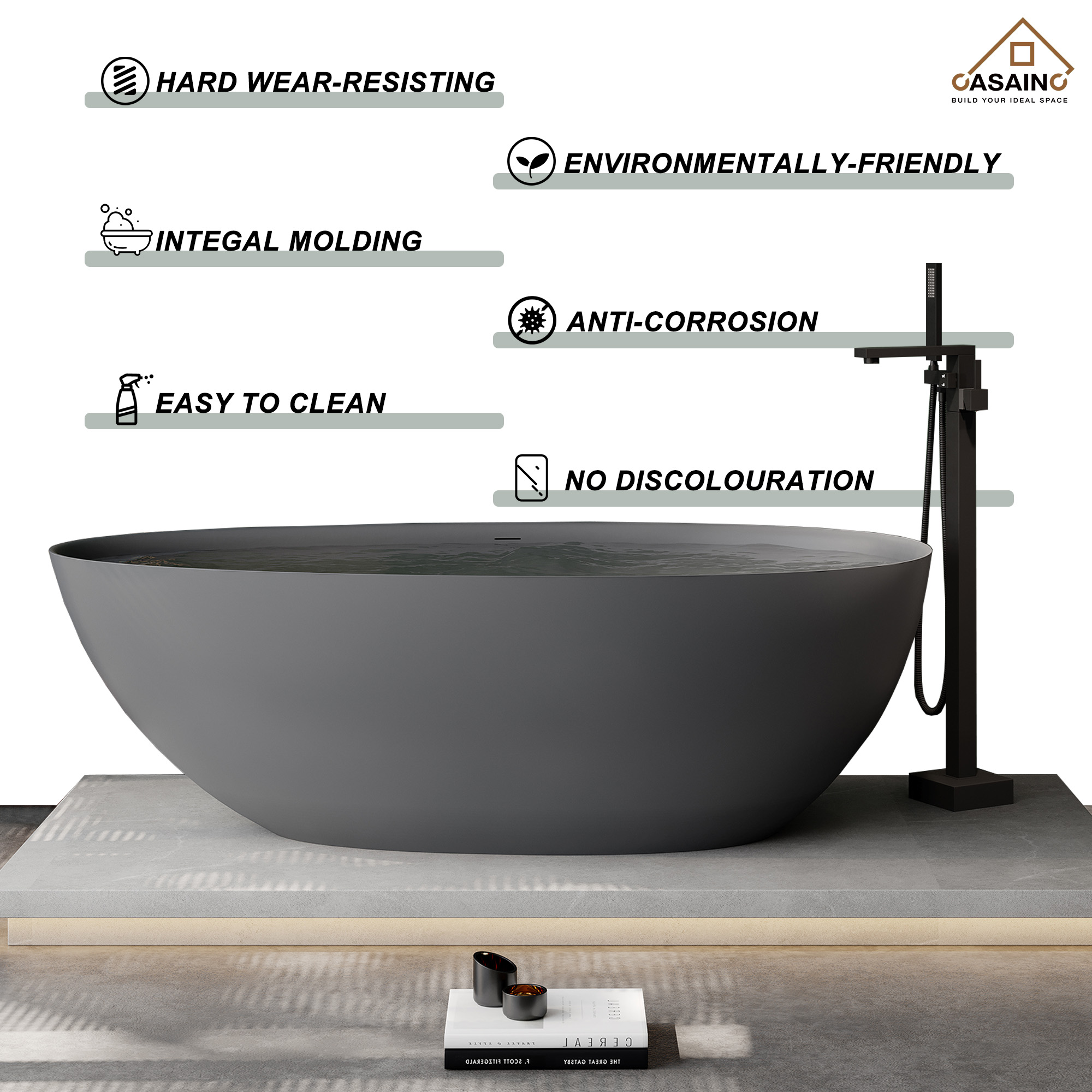 67" Solid Surface Freestanding Bathtub in (Matte Black& Grey)