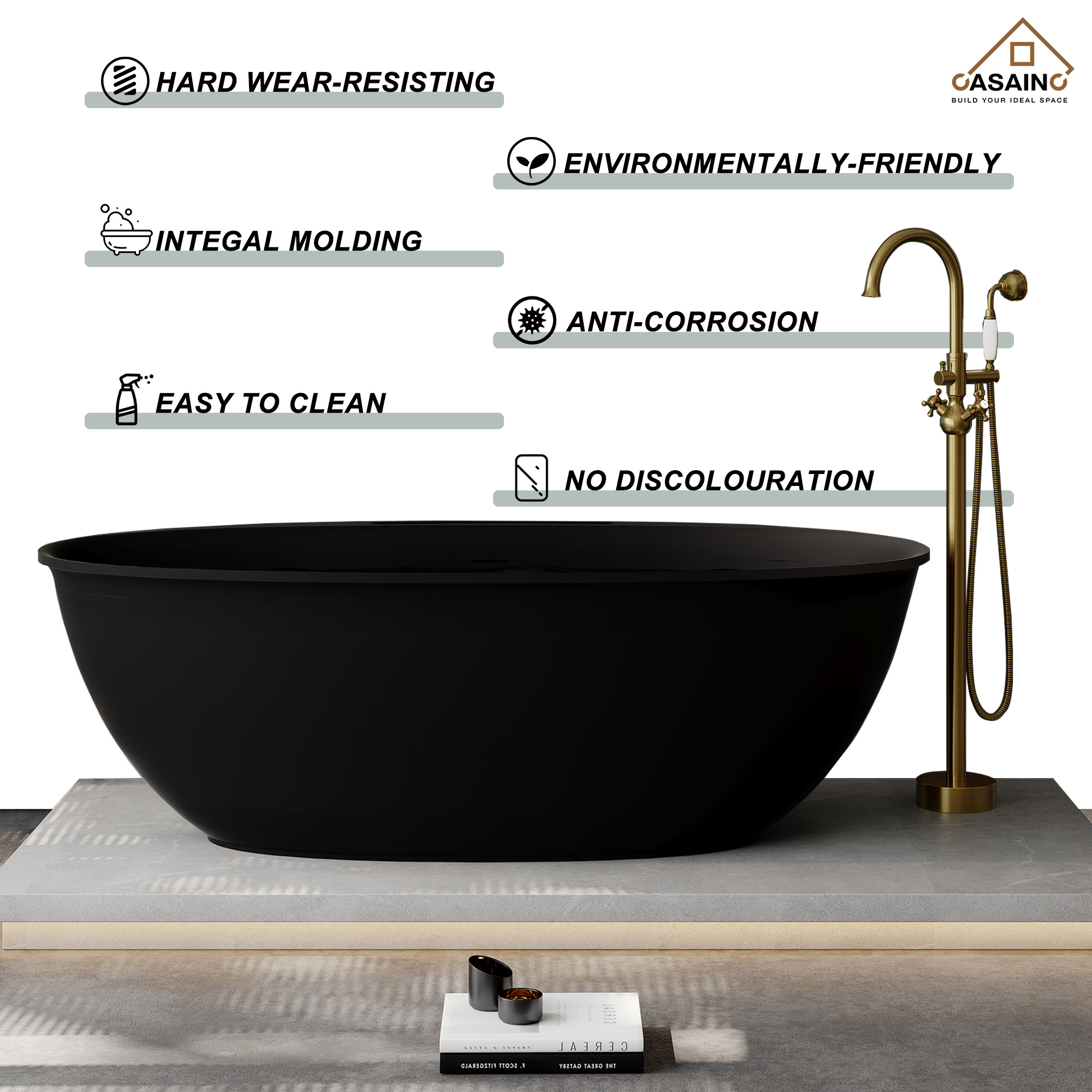 63" Solid Surface Freestanding Bathtub in Matte Black
