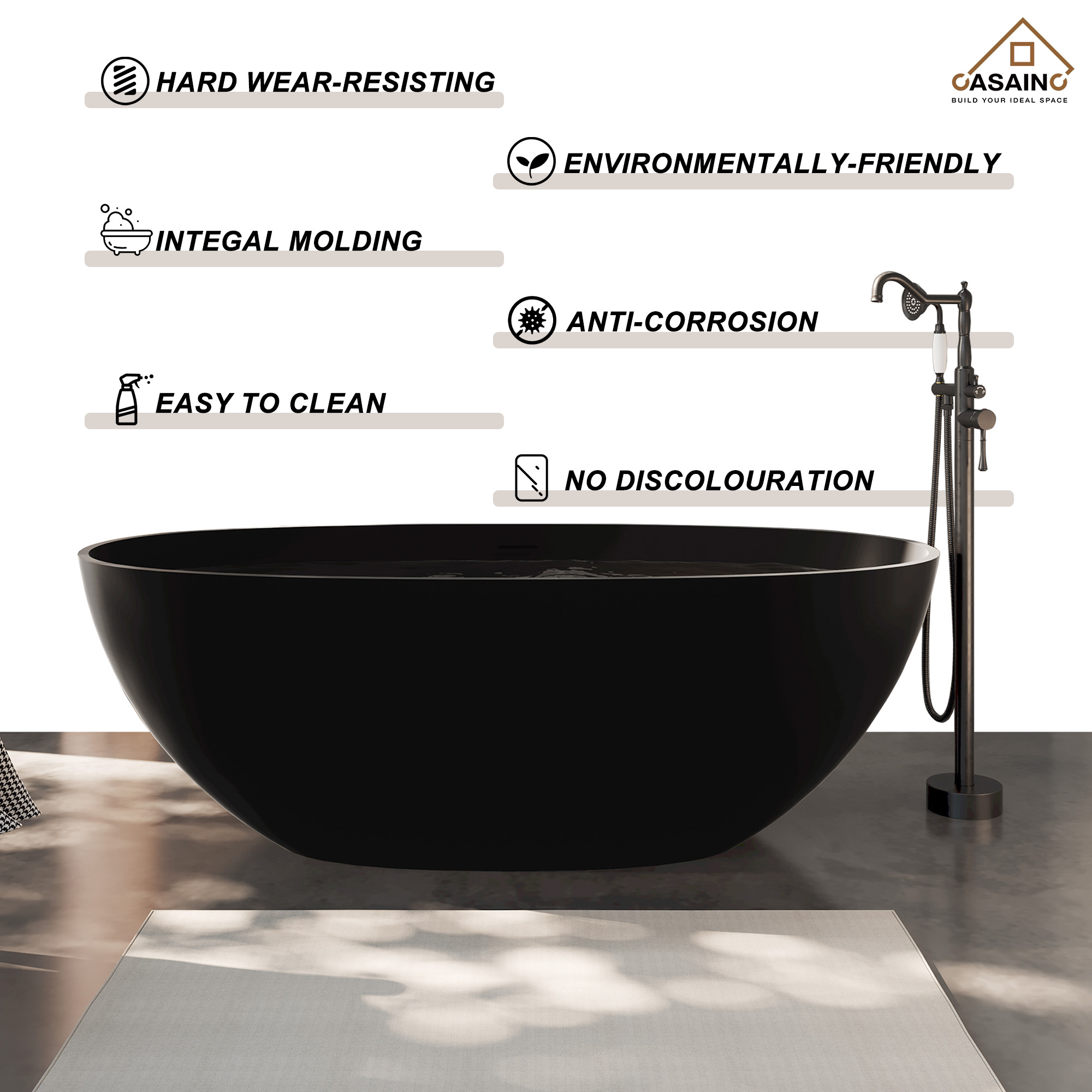 65" Solid Surface Freestanding Bathtub in (Matte Black& Grey)