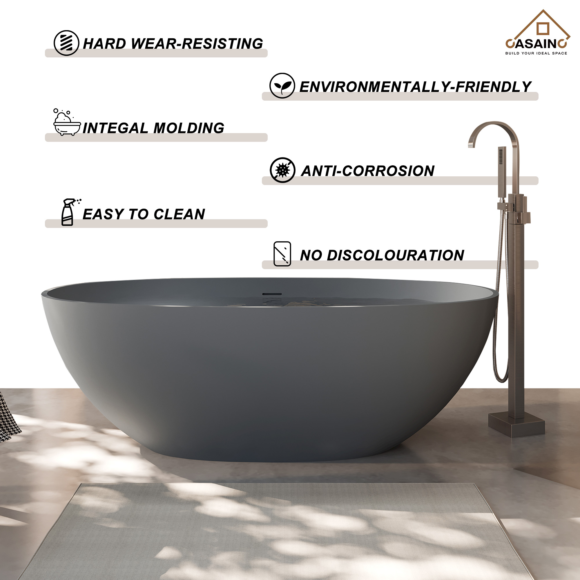 65" Solid Surface Freestanding Bathtub in (Matte Black& Grey)
