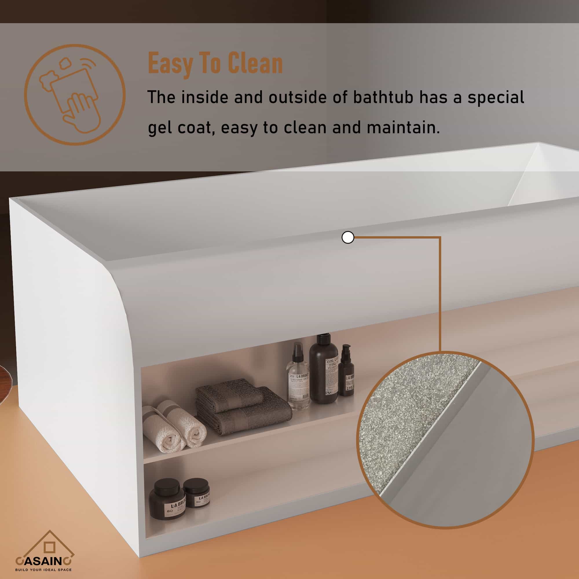 CASAINC 69 Inch Matte White Freestanding Solid Surface Bathtub with Si