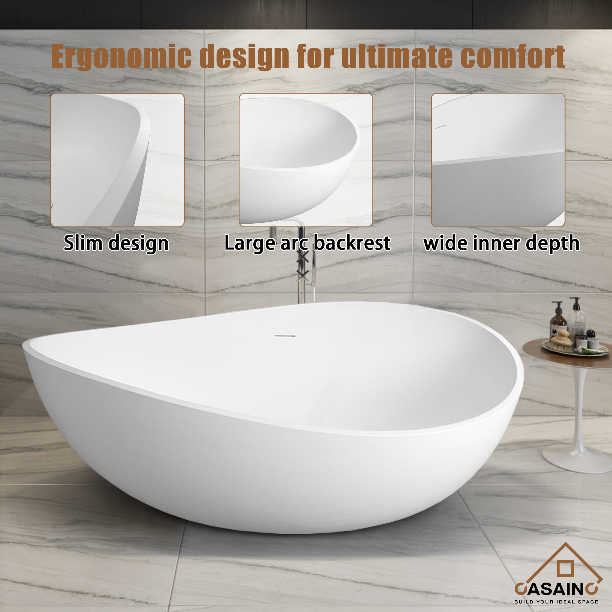 CASAINC 63" Solid Surface Freestanding Bathtub with Overflow and Drain, Matte Black, Matte Grey