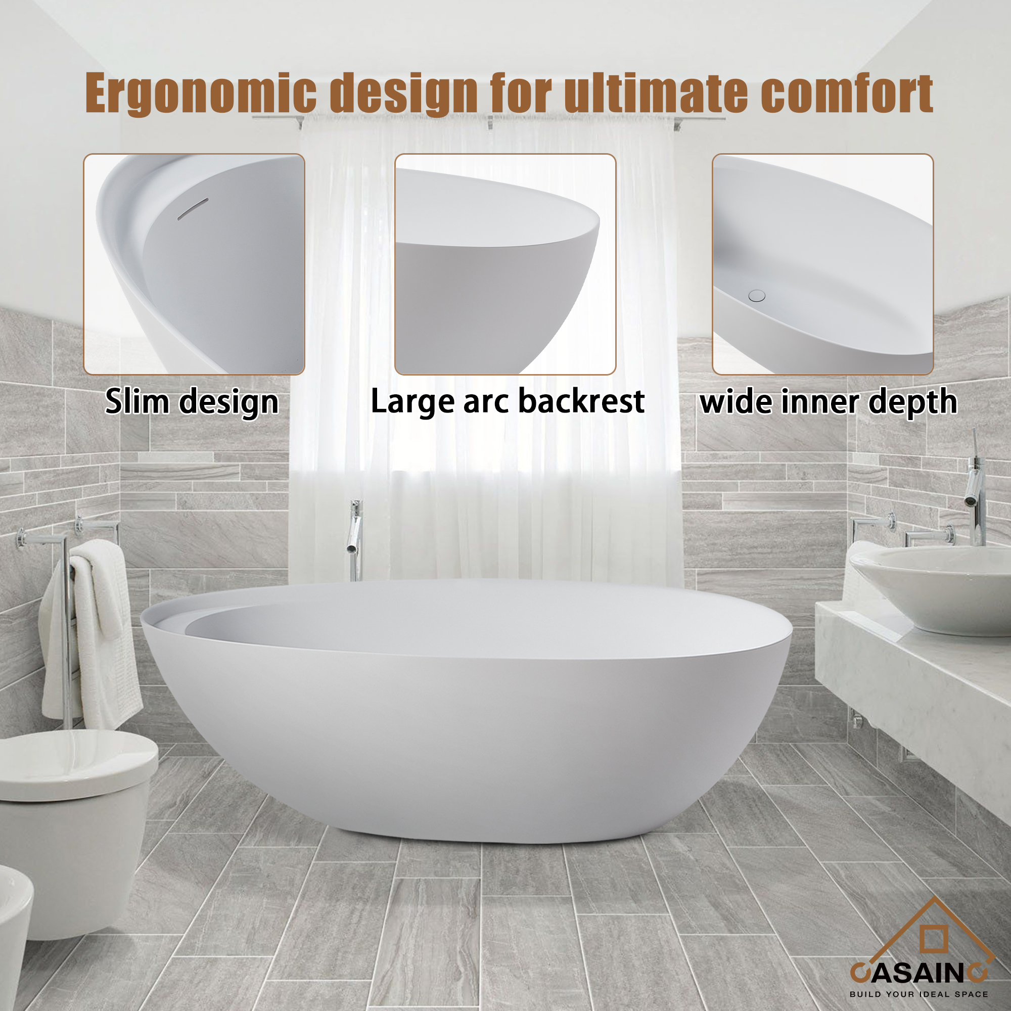 CASAINC 67" Solid Surface Freestanding Bathtub,Egg Shell Shaped Stone Resin Freestanding Tubs with Overflow and  Drain, Matte Black, Matte Grey, Matte White