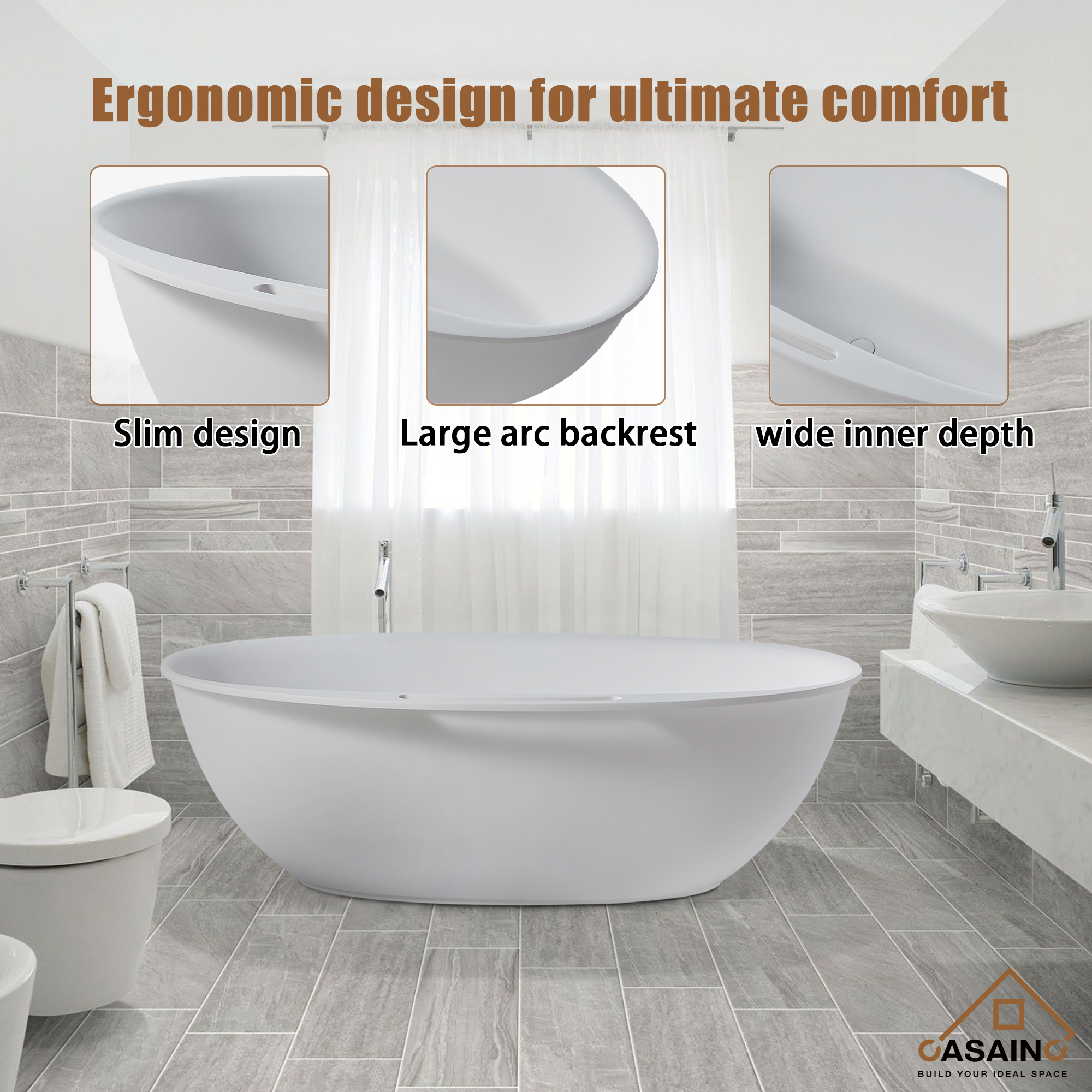 CASAINC 63" Solid Surface Freestanding Bathtub,Oval Shaped Stone Resin Freestanding Tubs with Overflow and  Drain, Matte Black, Matte Grey, Matte White