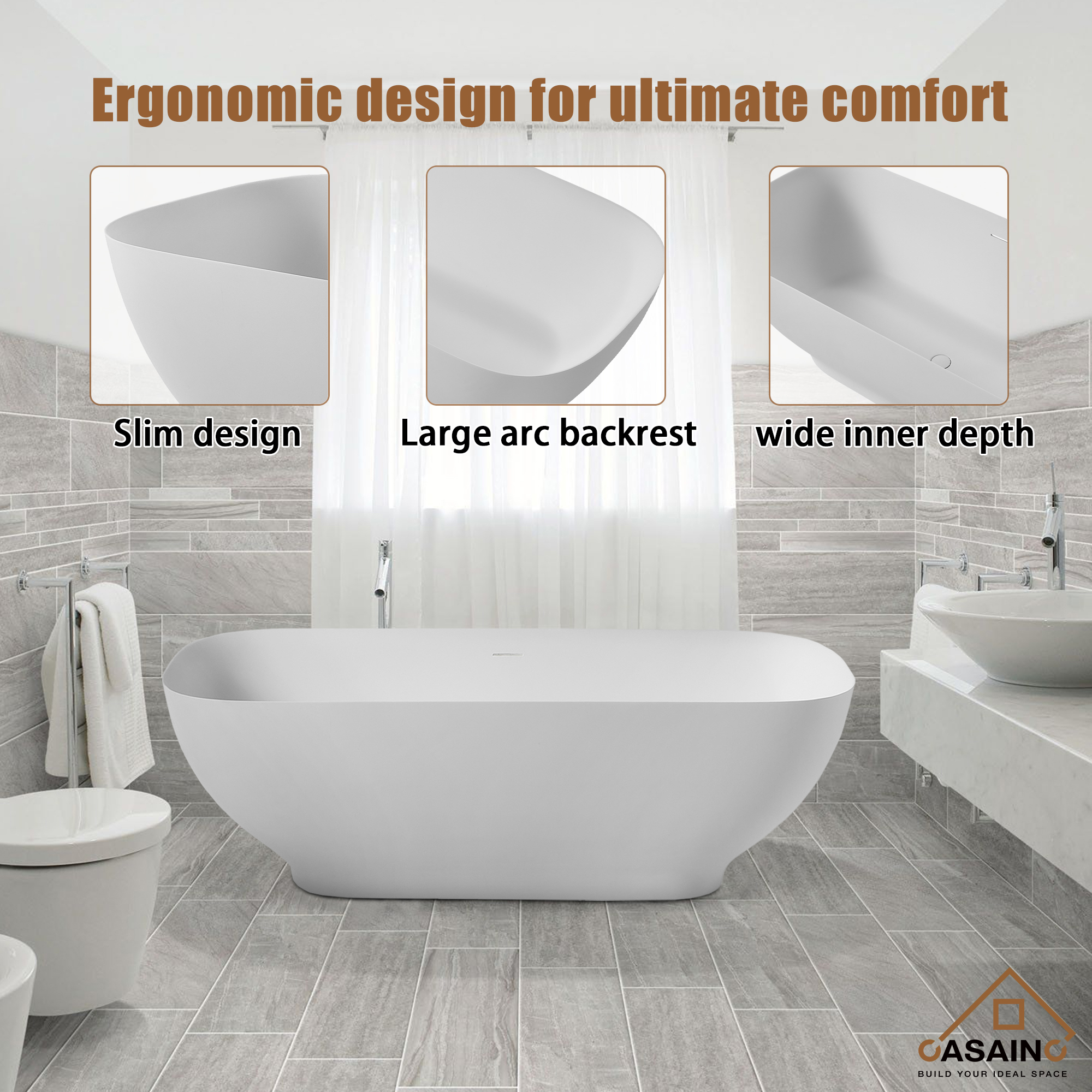 63 inches Solid Surface Freestanding Bathtub