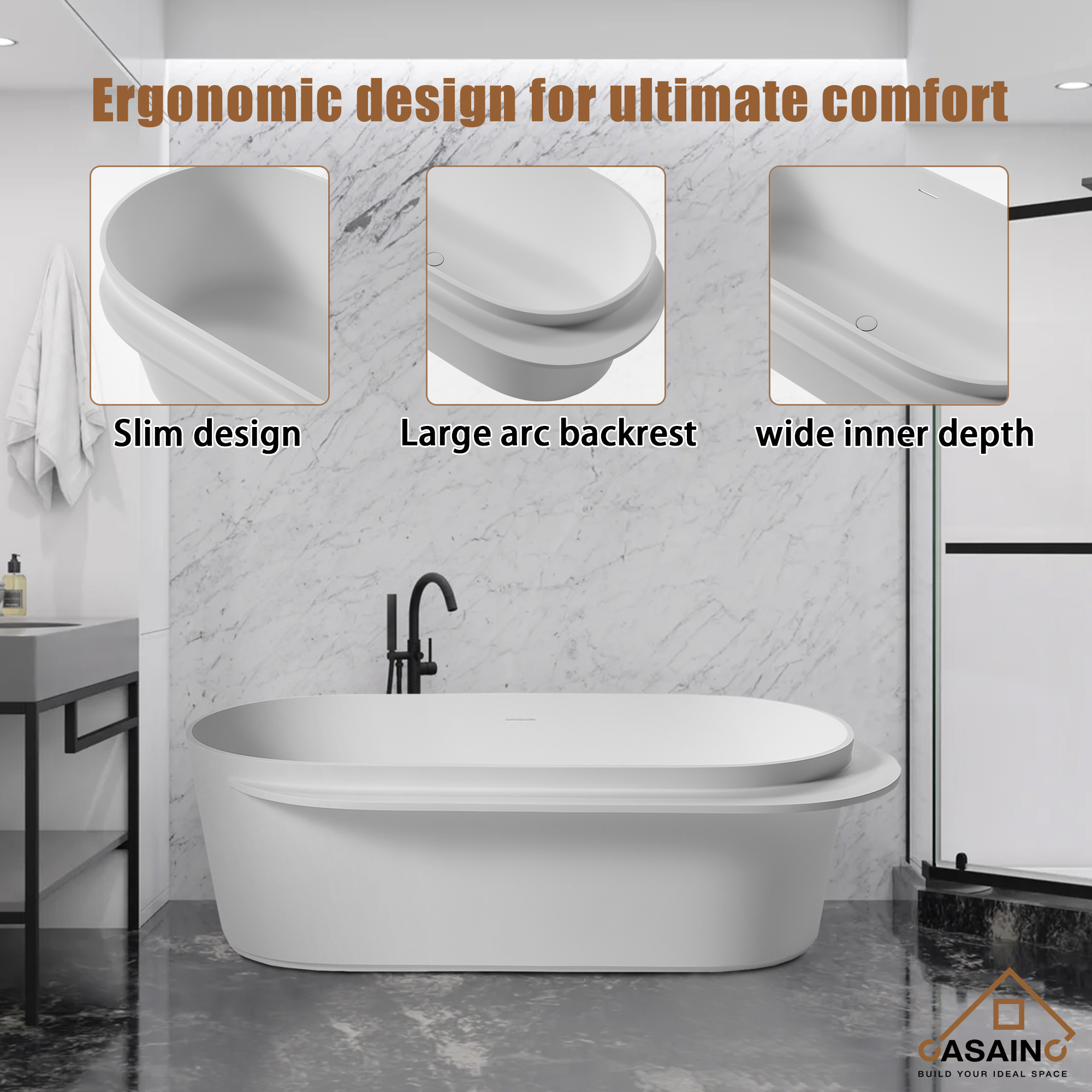 CASAINC 71" Solid Surface Freestanding Bathtub,Oval shape Stone Resin Freestanding Tubs with Overflow and  Drain, Matte White