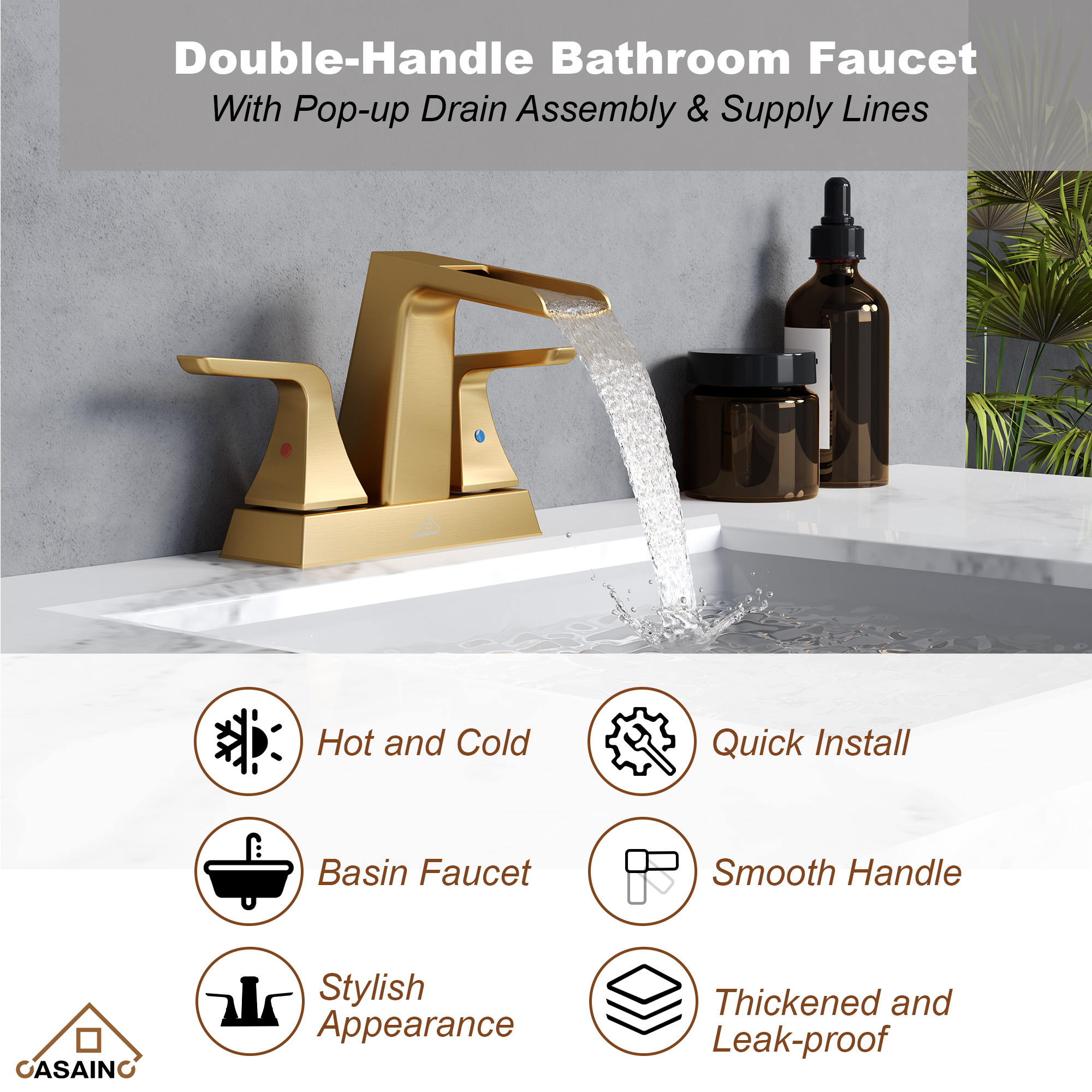 2 Handle Waterfall Brass Bathroom Sink Faucet 4 Inch Center Set 2-3 Hole RV Modern Bath Vanity Faucet Deck Mount with Metal Pop Up Drain and Supply Line
