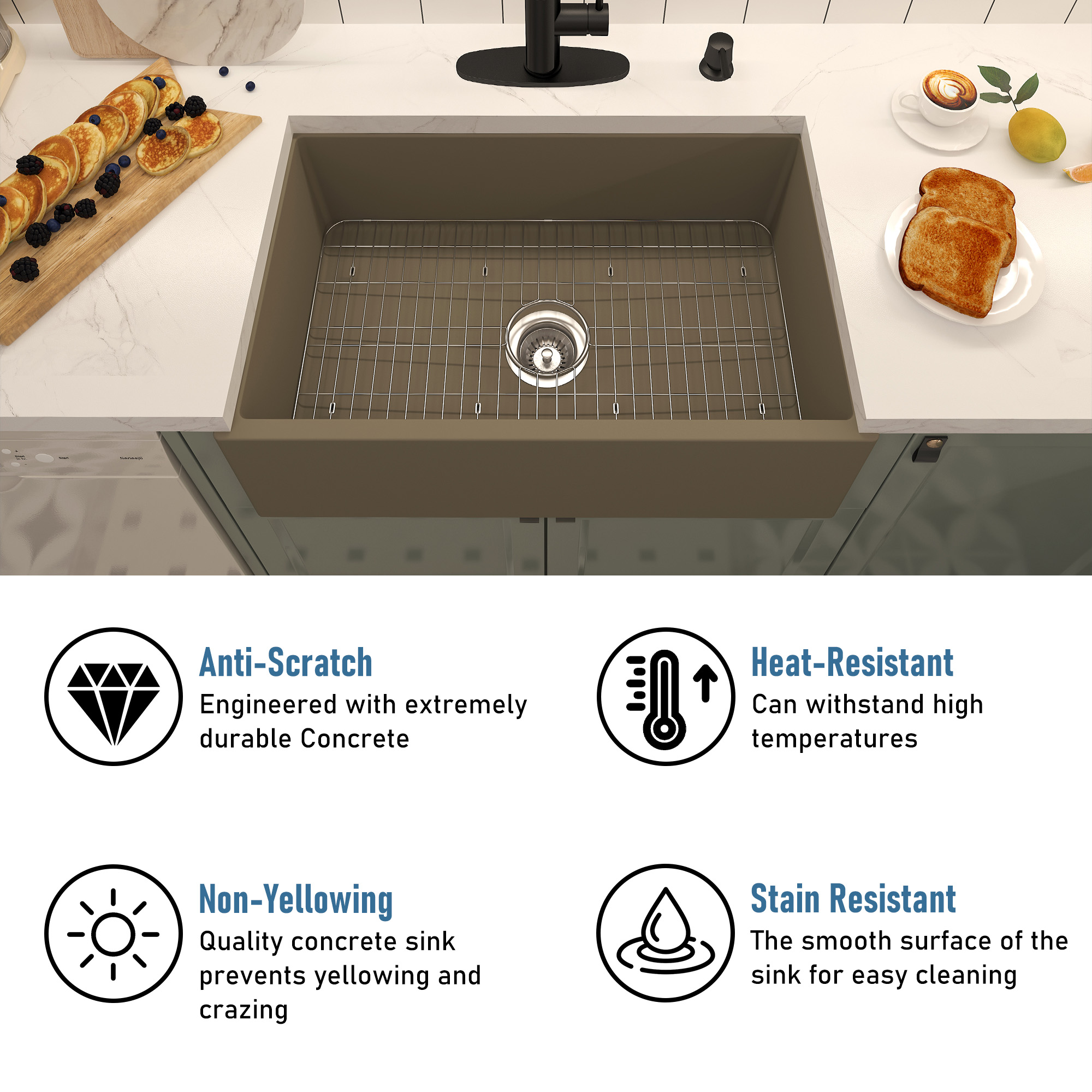 Concrete 30 in. Single Bowl Farmhouse Apron Kitchen Sink with Bottom Grid and Drainer Black Earth/Taupe Clay