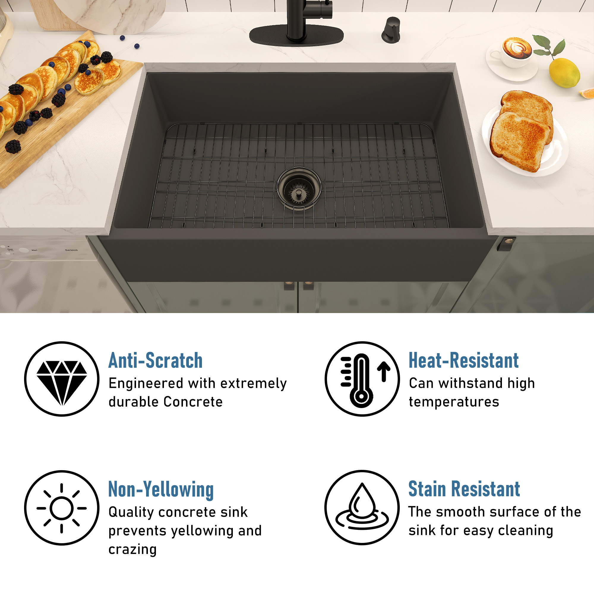 Concrete 33 in. Single Bowl Farmhouse Apron Kitchen Sink with Bottom Grid and Drainer Black Earth/Taupe Clay