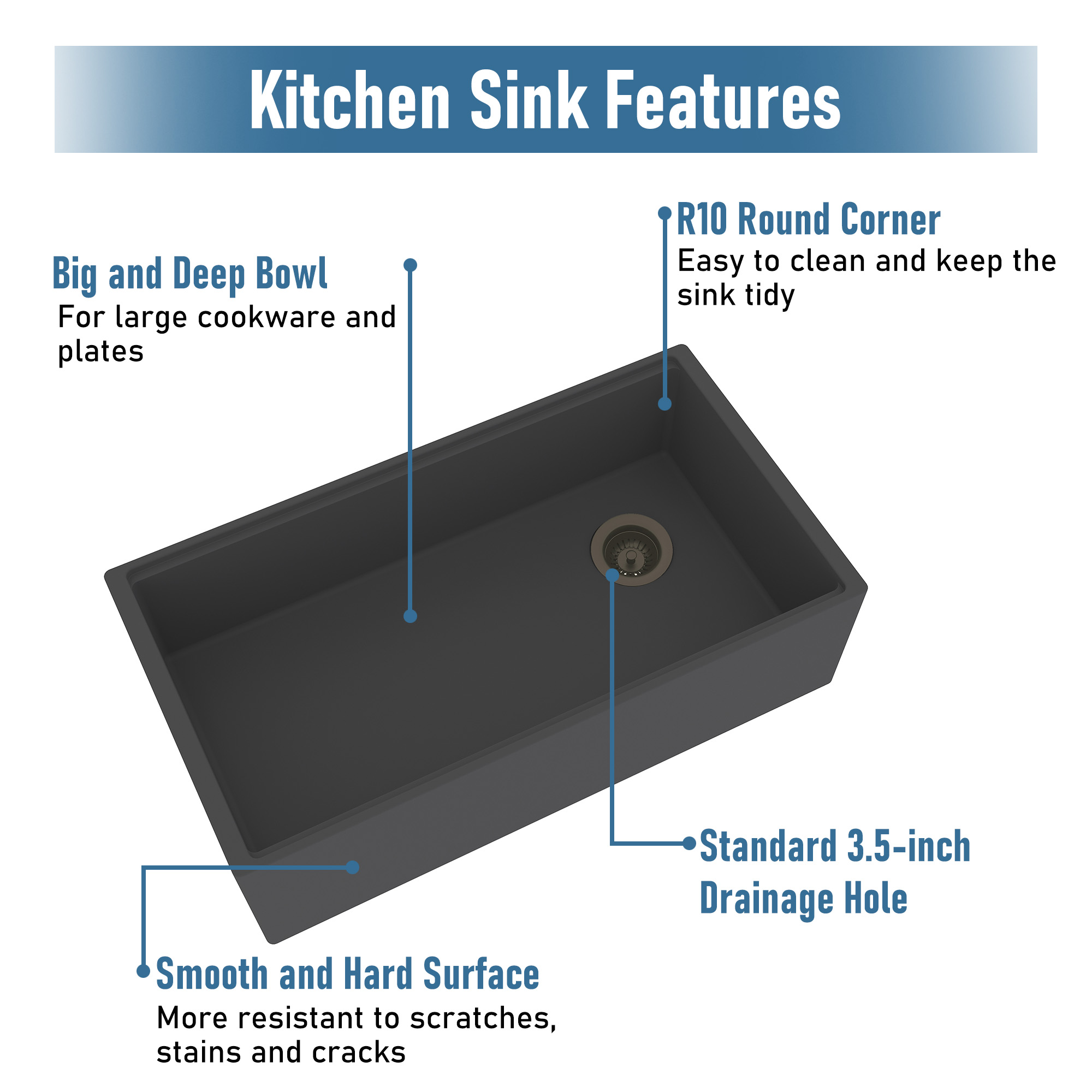 Concrete 33 in. Single Bowl Farmhouse Apron Kitchen Sink with Cutting Board, Rolling Drying Rack, Grid and Drainer Black Earth/Cold Concrete Grey