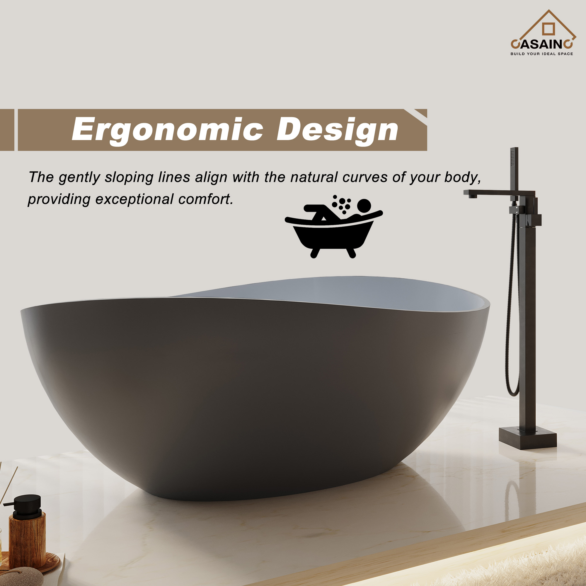 63" Solid Surface Freestanding Bathtub in (MatteBlack&Grey)