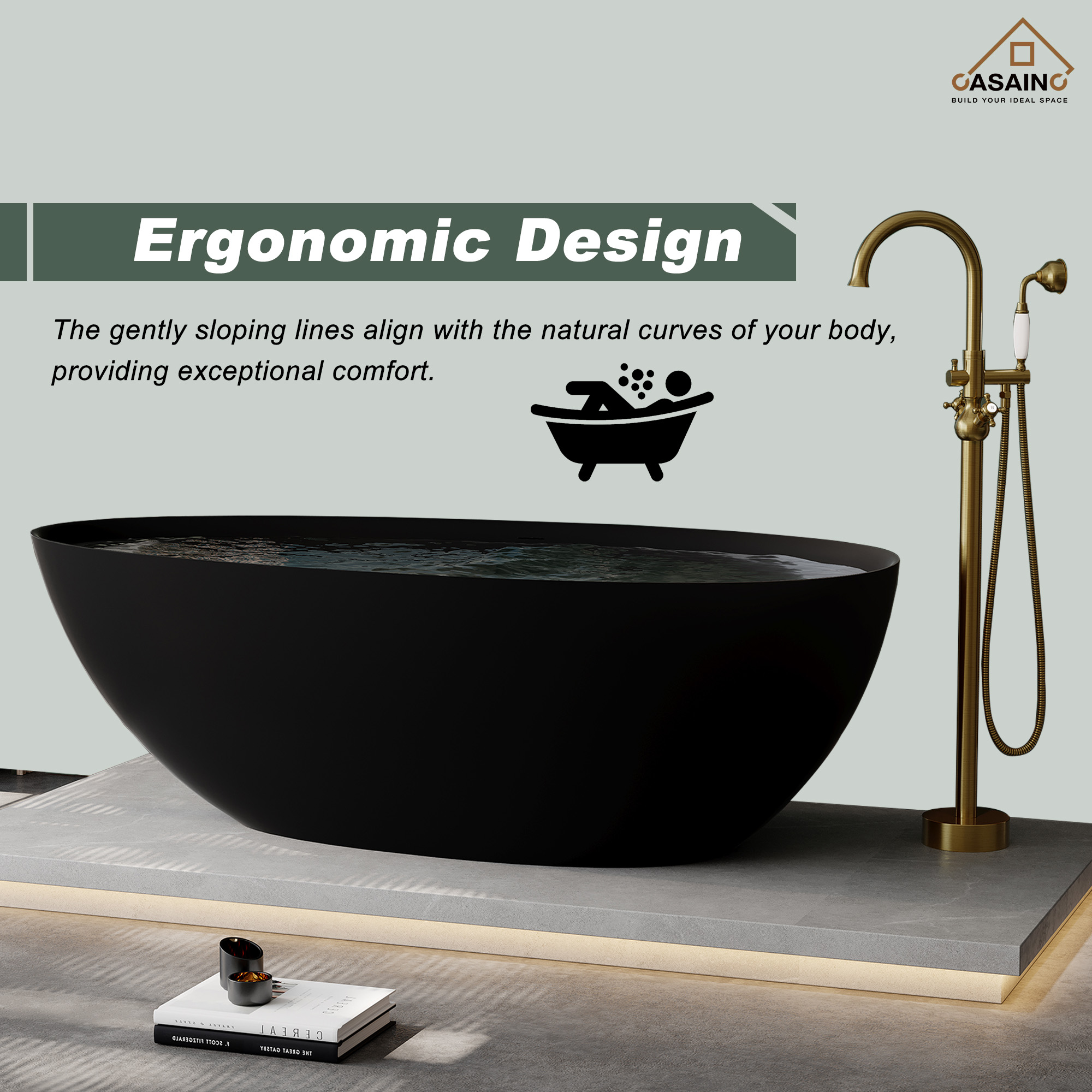 67" Solid Surface Freestanding Bathtub in (Matte Black& Grey)