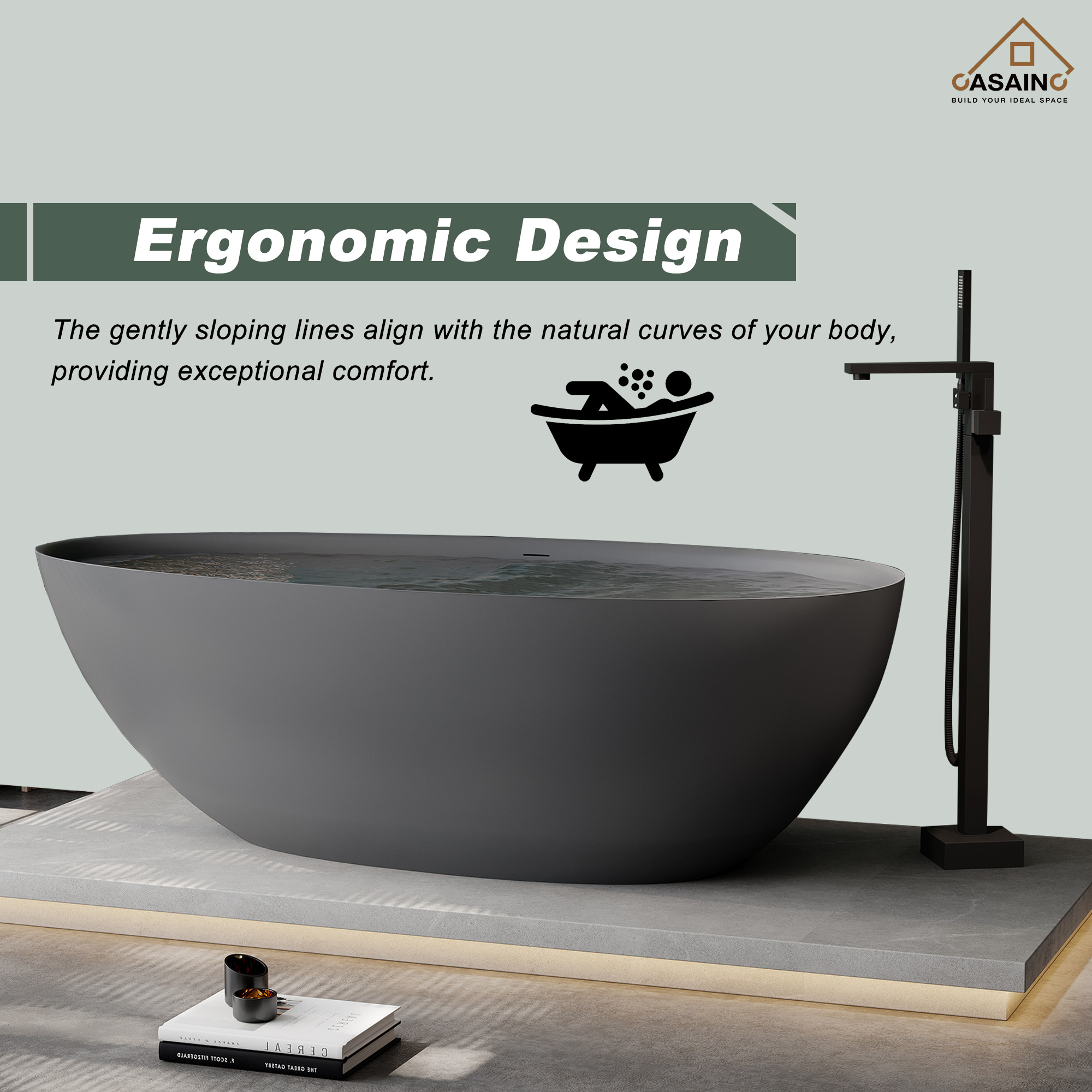 67" Solid Surface Freestanding Bathtub in (Matte Black& Grey)