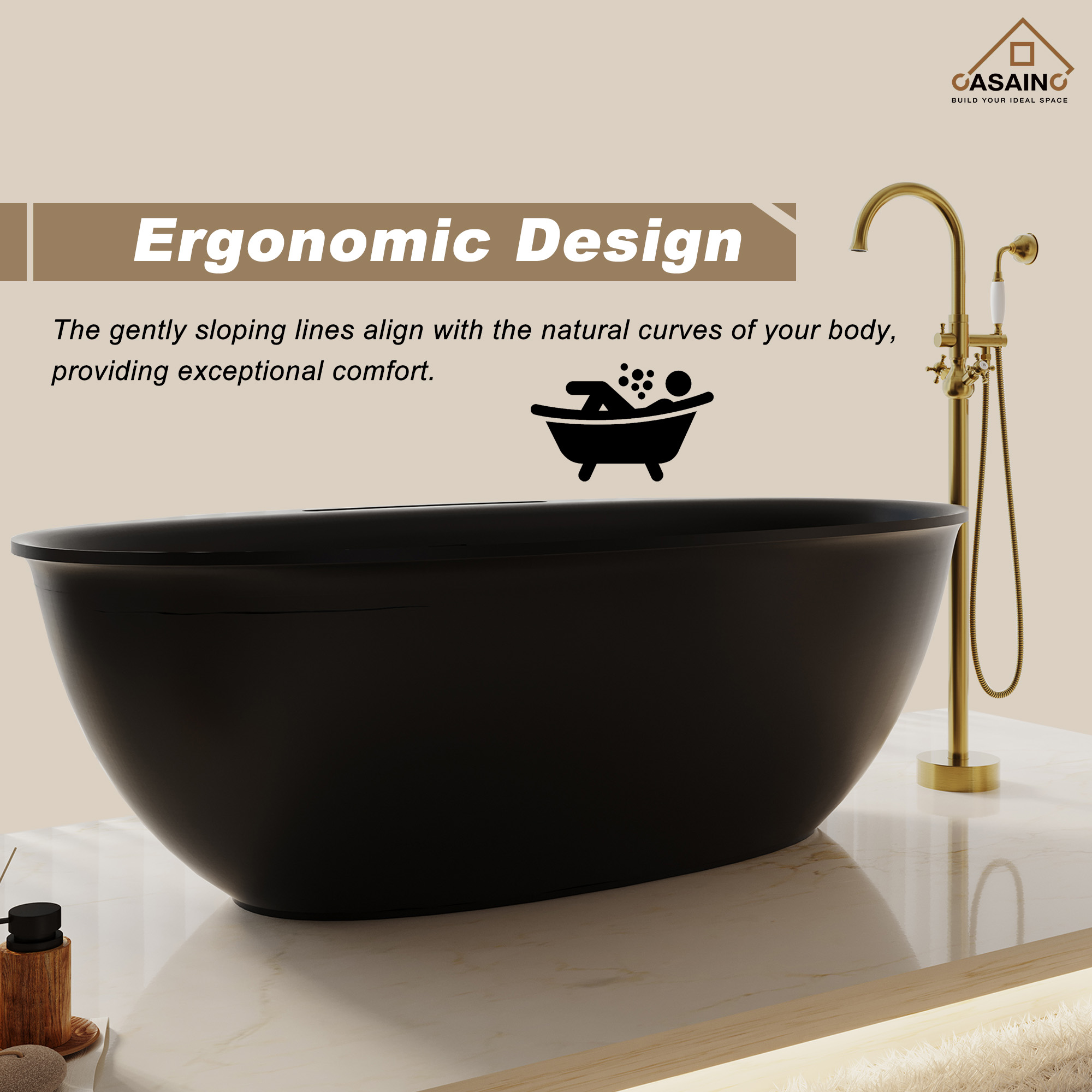 63" Solid Surface Freestanding Bathtub in Matte Black