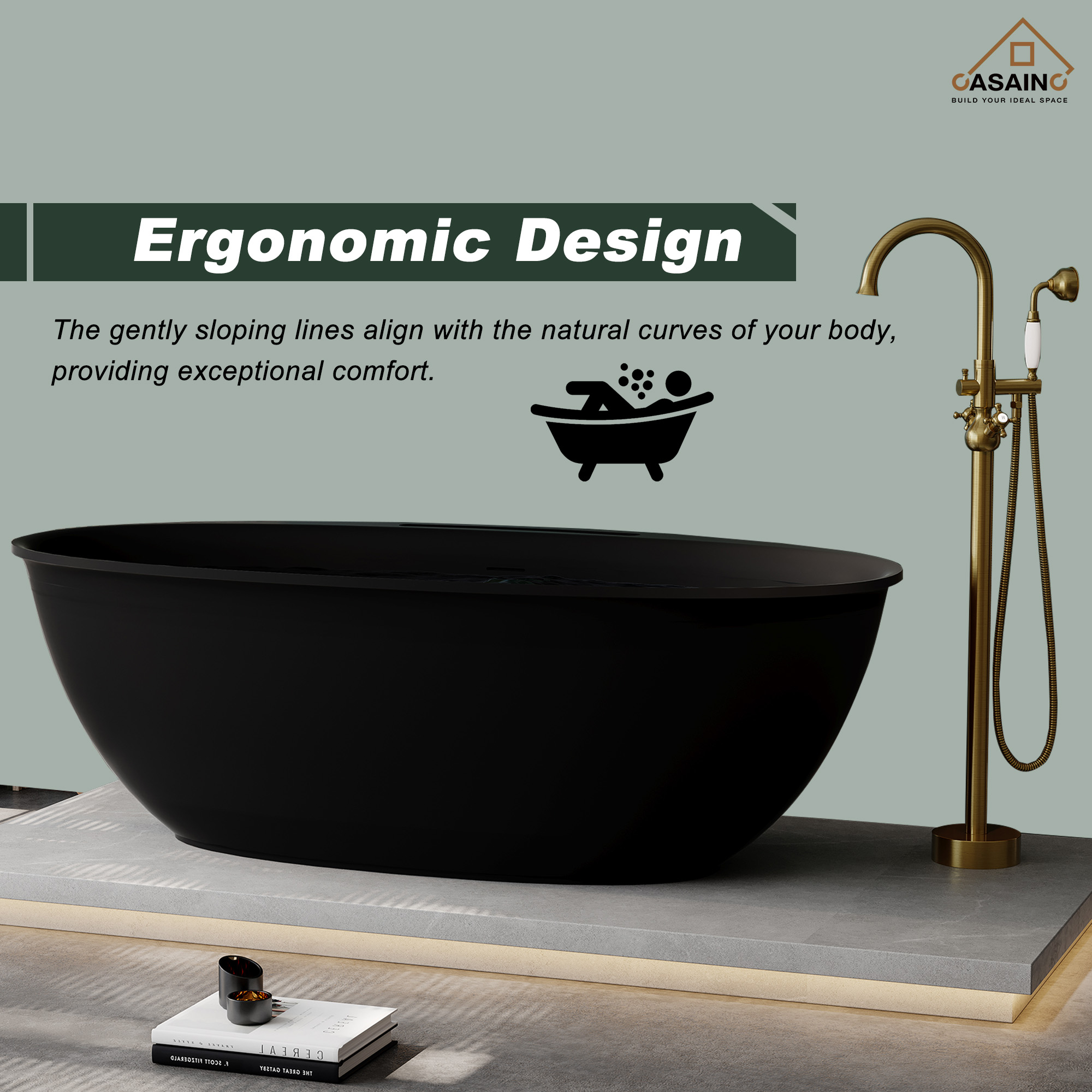 63" Solid Surface Freestanding Bathtub in Matte Black
