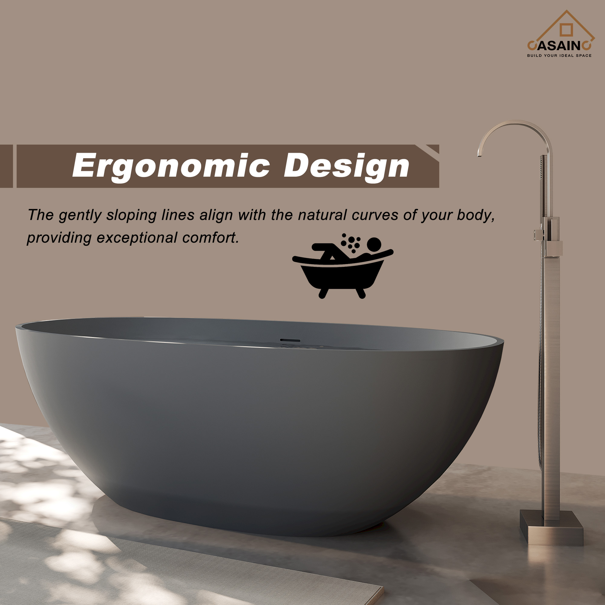 65" Solid Surface Freestanding Bathtub in (Matte Black& Grey)