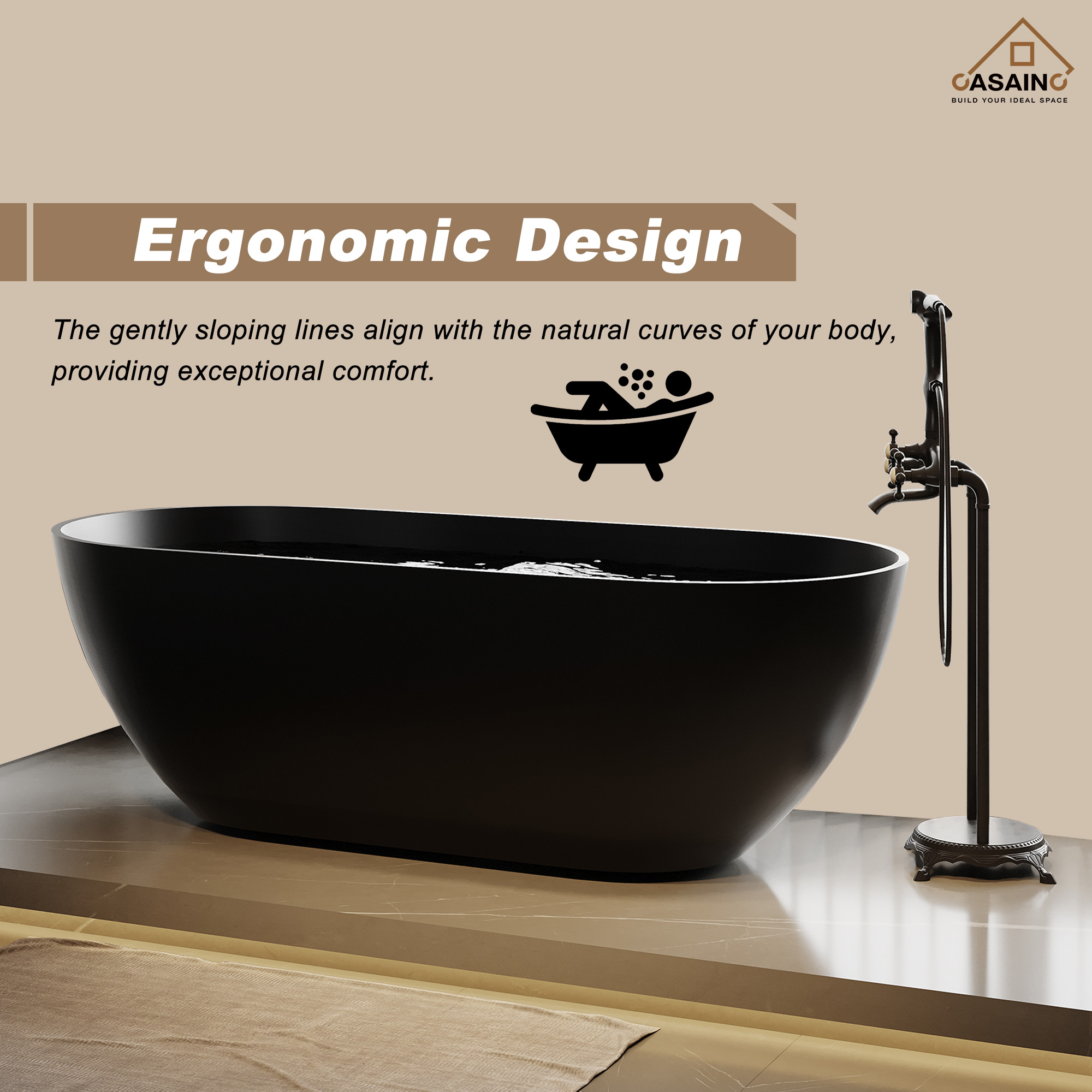 59"/69"Solid Surface Freestanding Bathtub in (Matte Black& Grey)