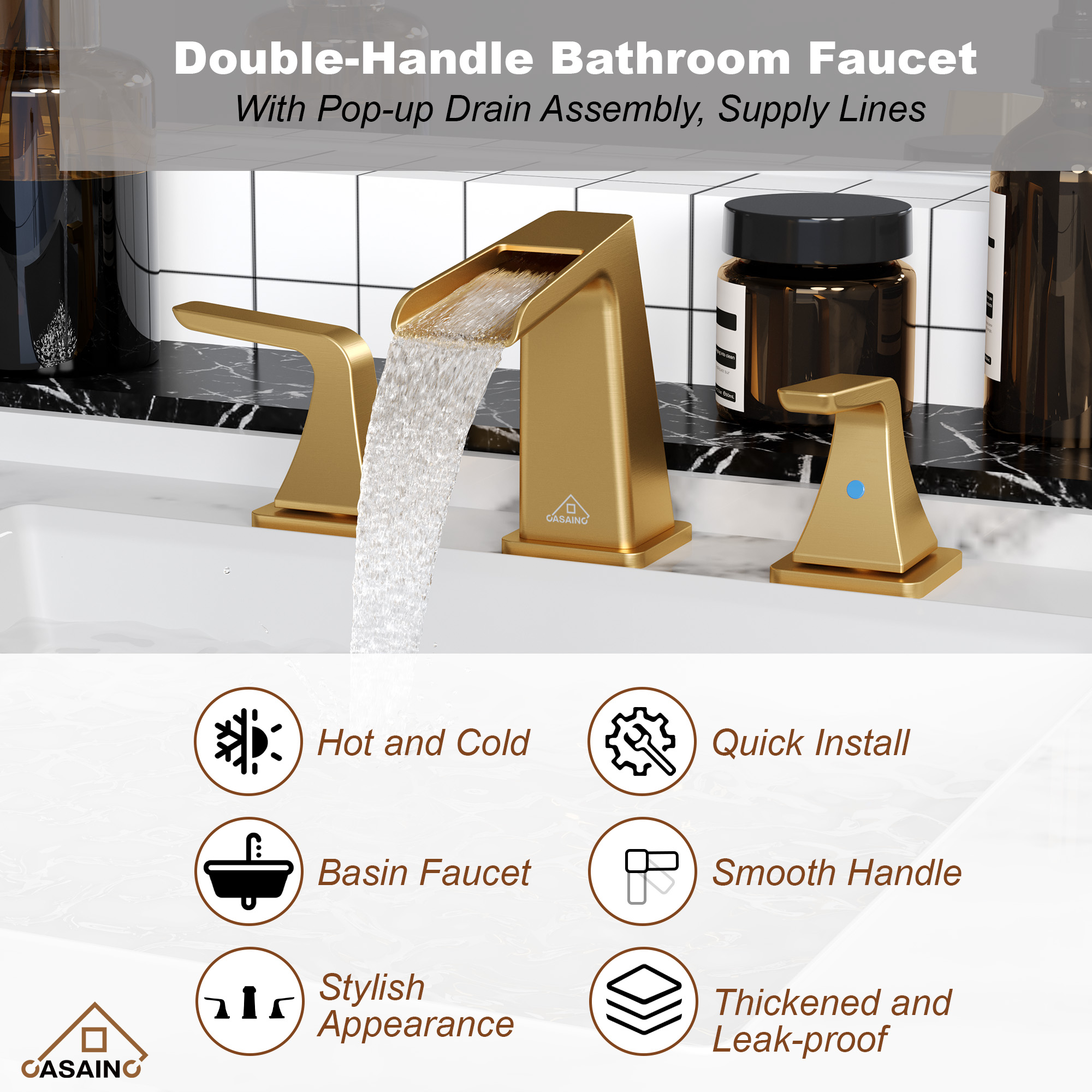 Casainc 2-Handle Bathroom Sink Faucet 3-Hole Application Widespread Modern Bathroom Faucet with Drain Assembly