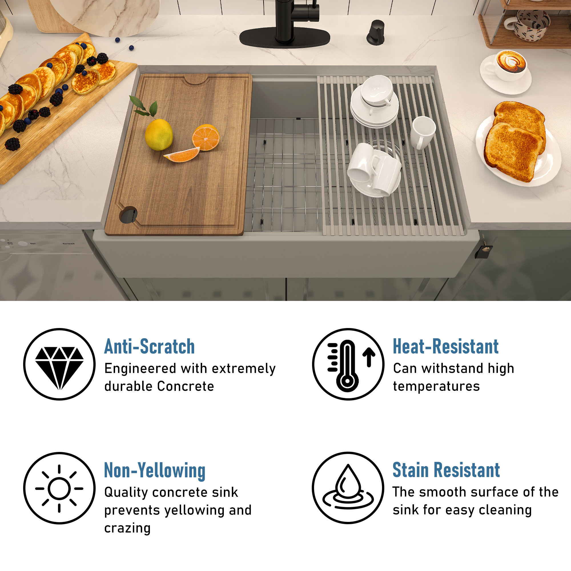 Concrete 33 in. Single Bowl Farmhouse Apron Kitchen Sink with Cutting Board, Rolling Drying Rack, Grid and Drainer Black Earth/Cold Concrete Grey