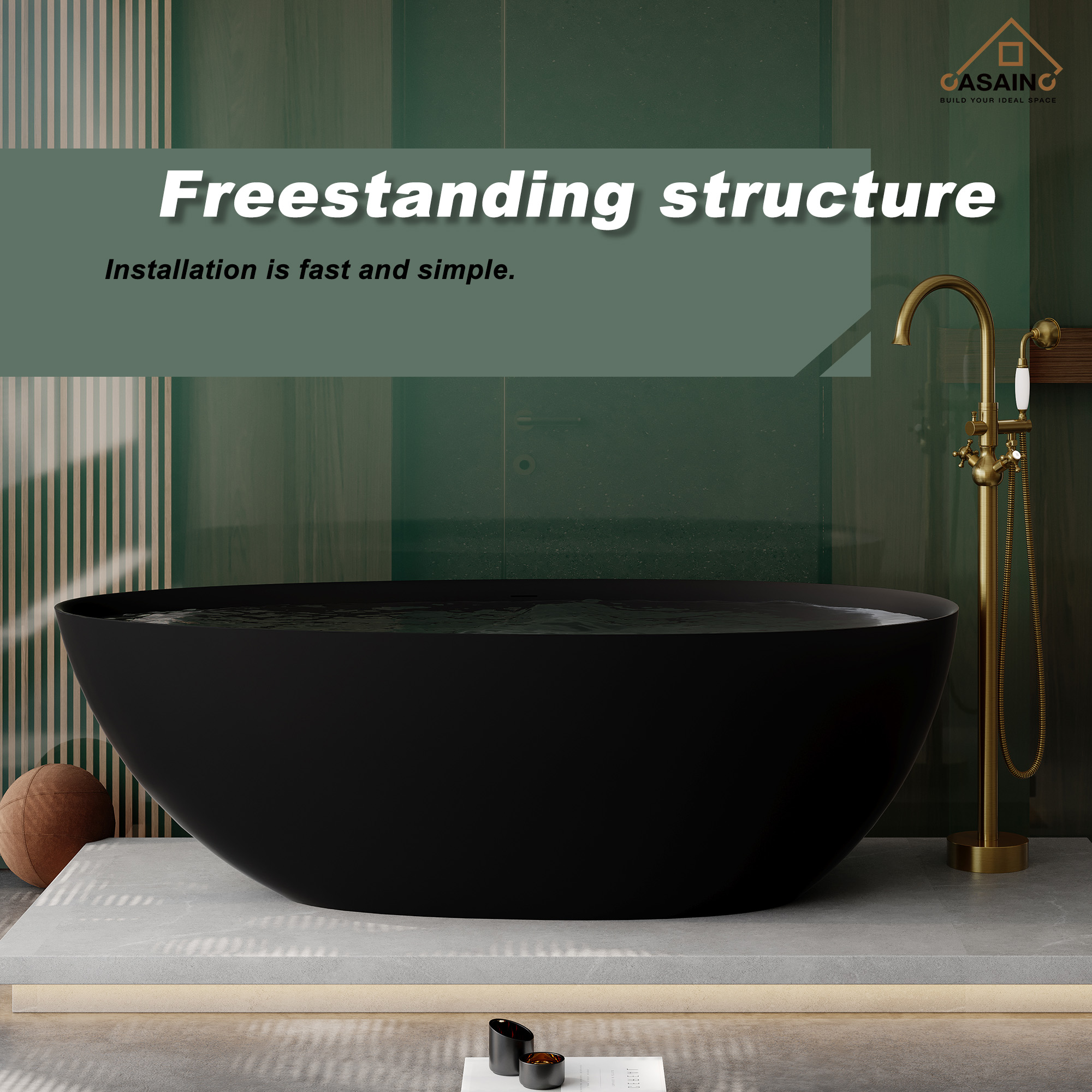67" Solid Surface Freestanding Bathtub in (Matte Black& Grey)