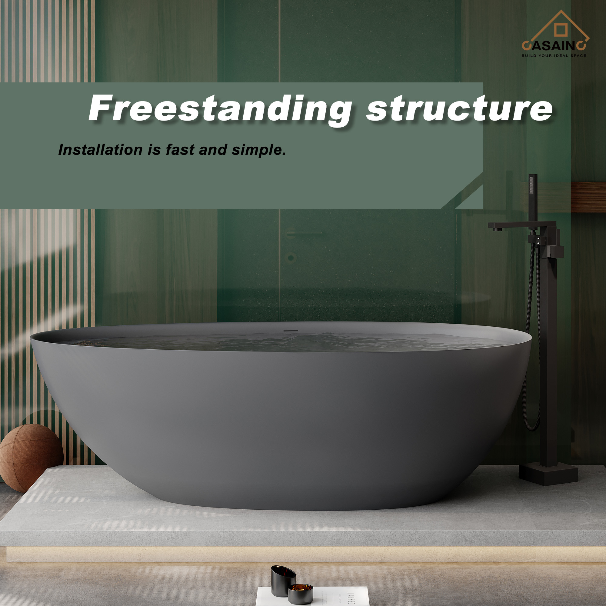 67" Solid Surface Freestanding Bathtub in (Matte Black& Grey)