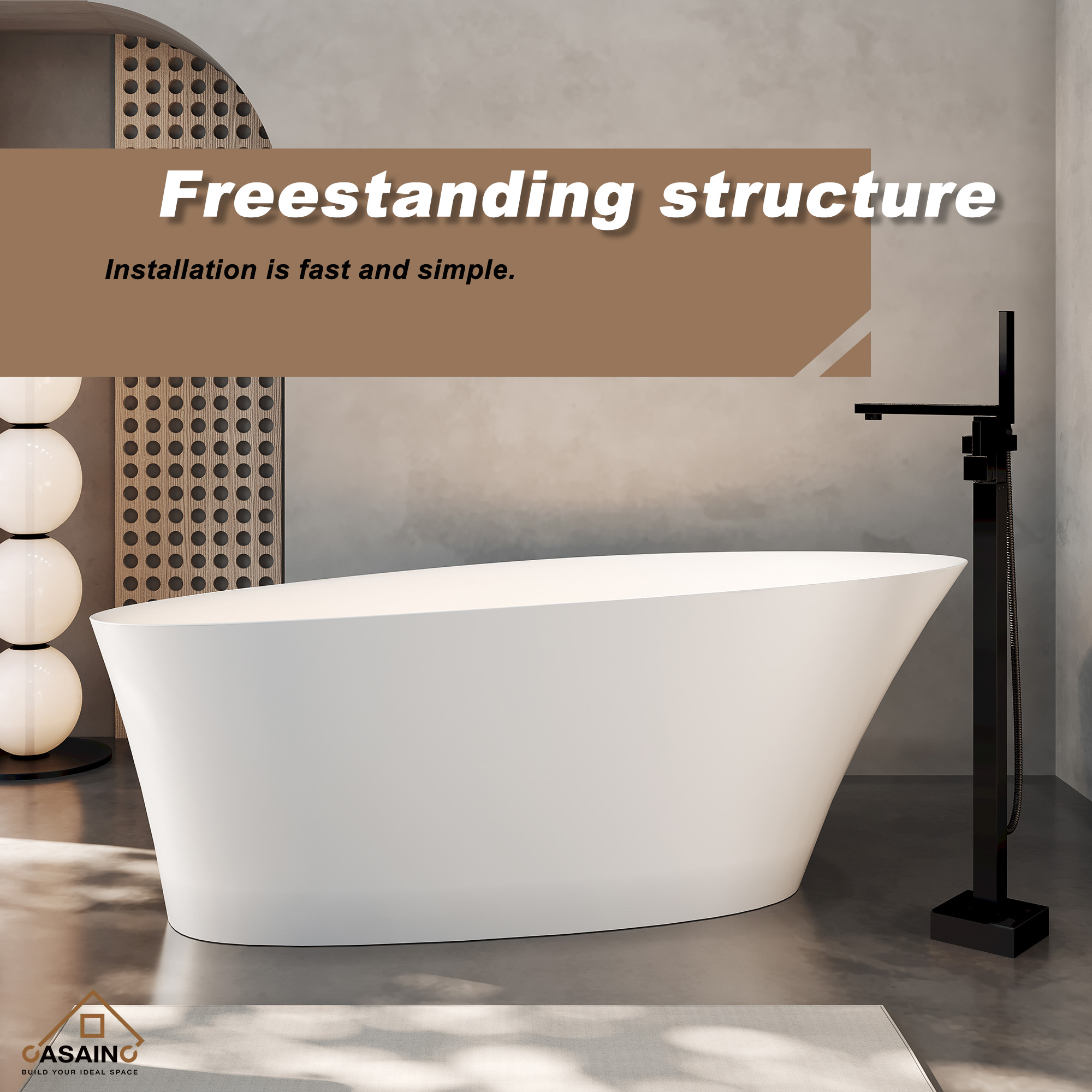 65" Solid Surface Freestanding Bathtub in Matte White