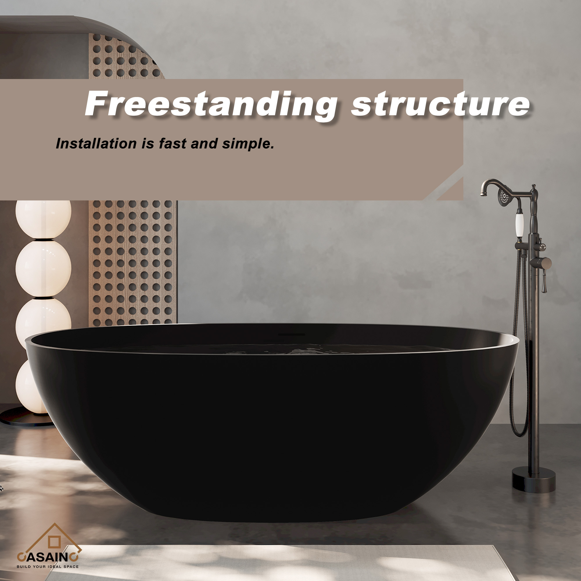 65" Solid Surface Freestanding Bathtub in (Matte Black& Grey)