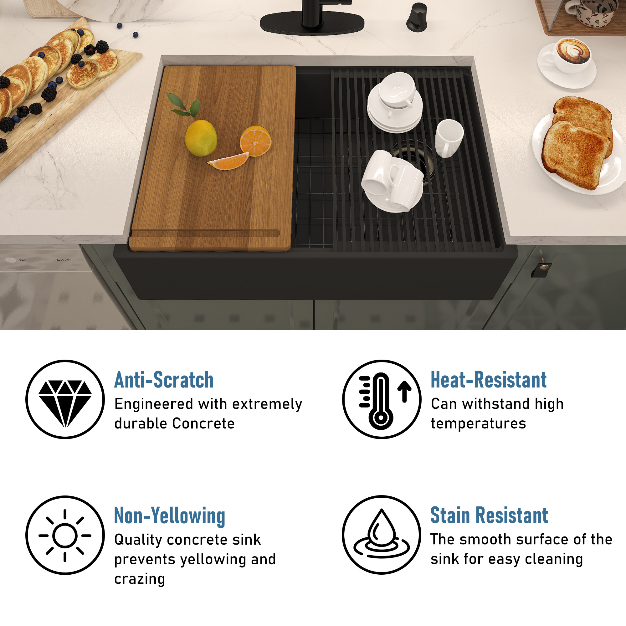 Concrete 30 in. Single Bowl Farmhouse Apron Kitchen Sink with Cutting Board, Rolling Drying Rack, Grid and Drainer Black Earth/Cold Concrete Grey