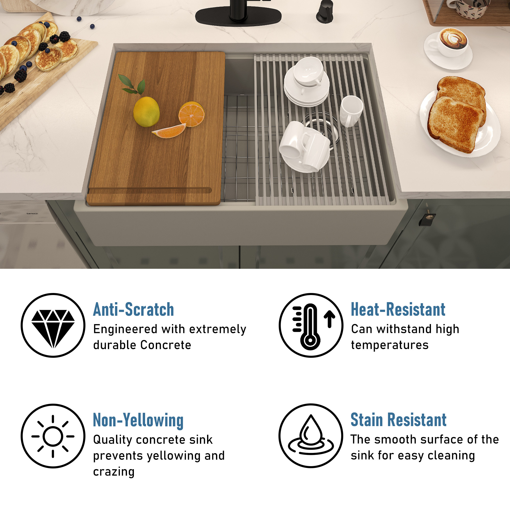 Concrete 30 in. Single Bowl Farmhouse Apron Kitchen Sink with Cutting Board, Rolling Drying Rack, Grid and Drainer Black Earth/Cold Concrete Grey