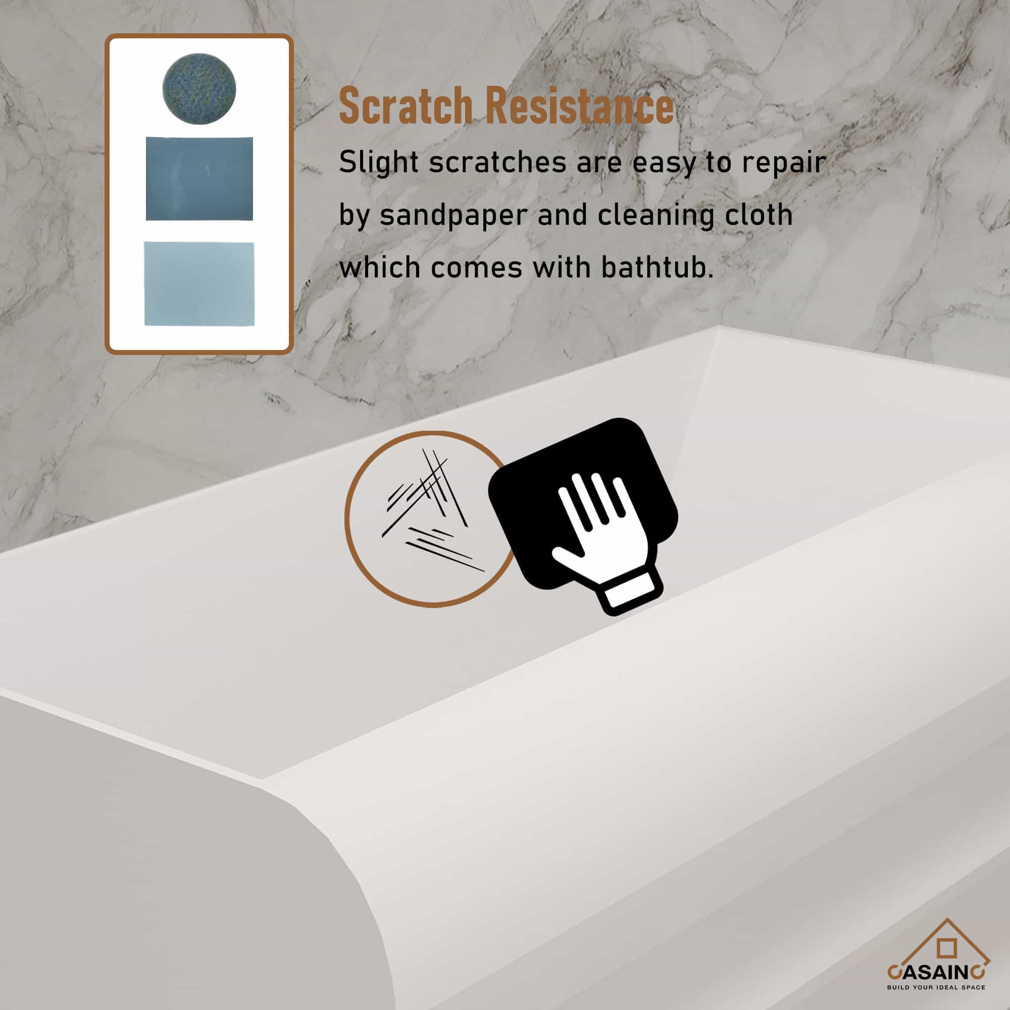 CASAINC 69 Inch Matte White Freestanding Solid Surface Bathtub with Si