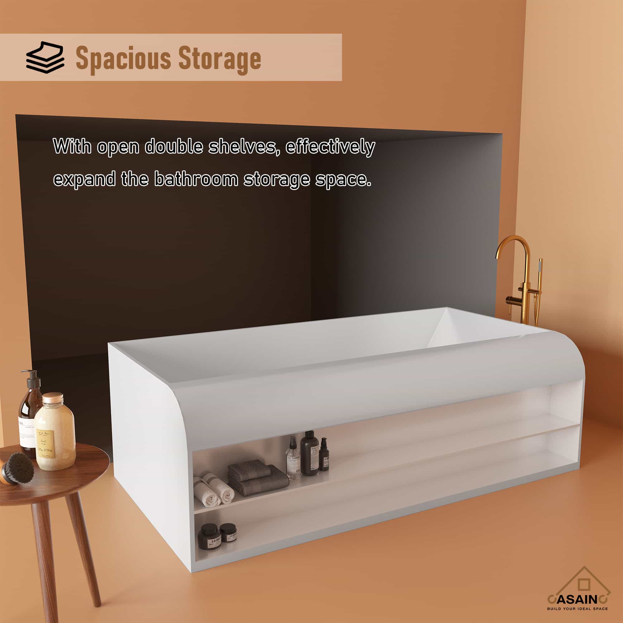CASAINC 69 Inch Matte White Freestanding Solid Surface Bathtub with Si
