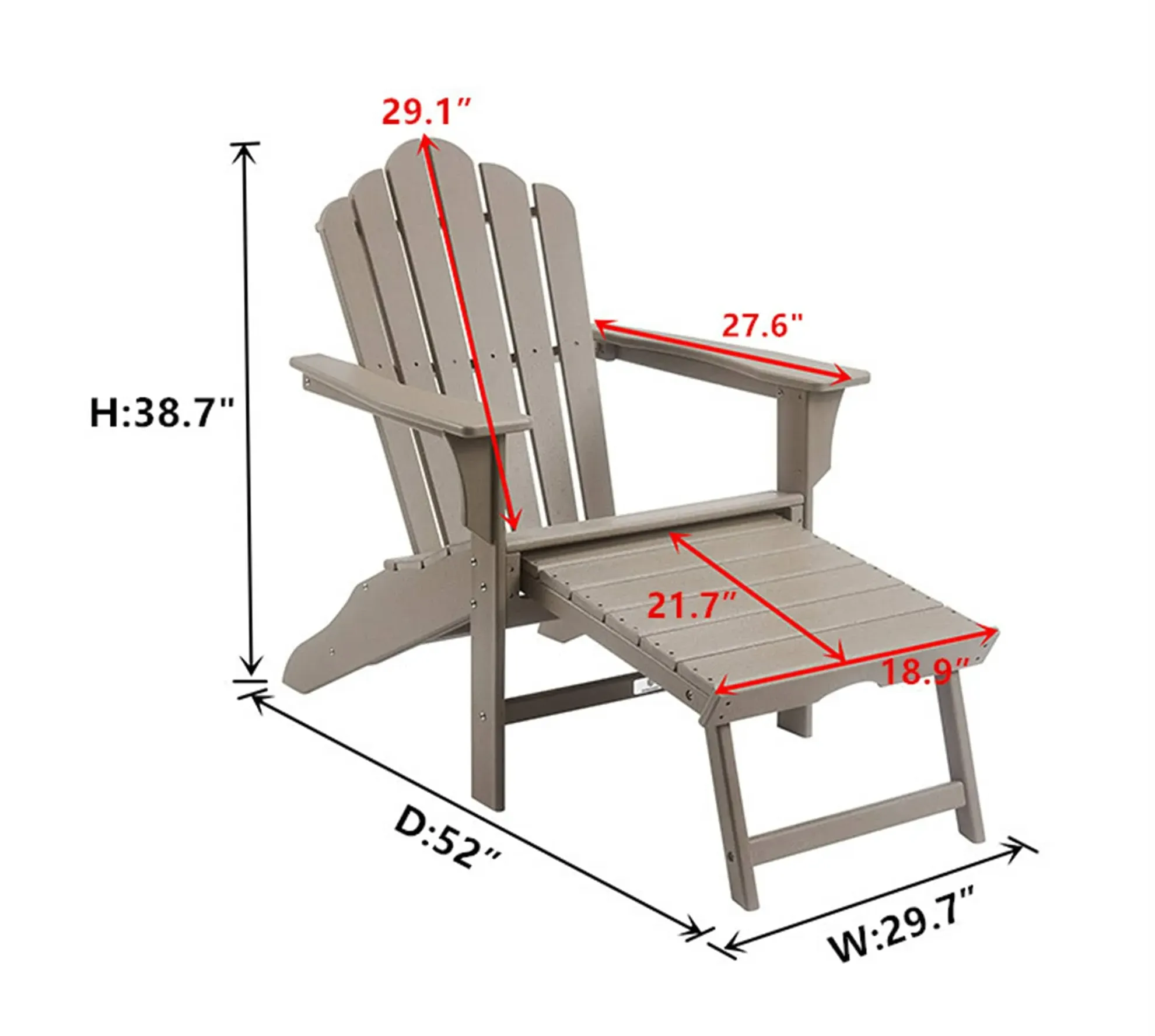 HDPE Classic Outdoor Adirondack Chair With Footrest, Weather Resistant Accent Furniture