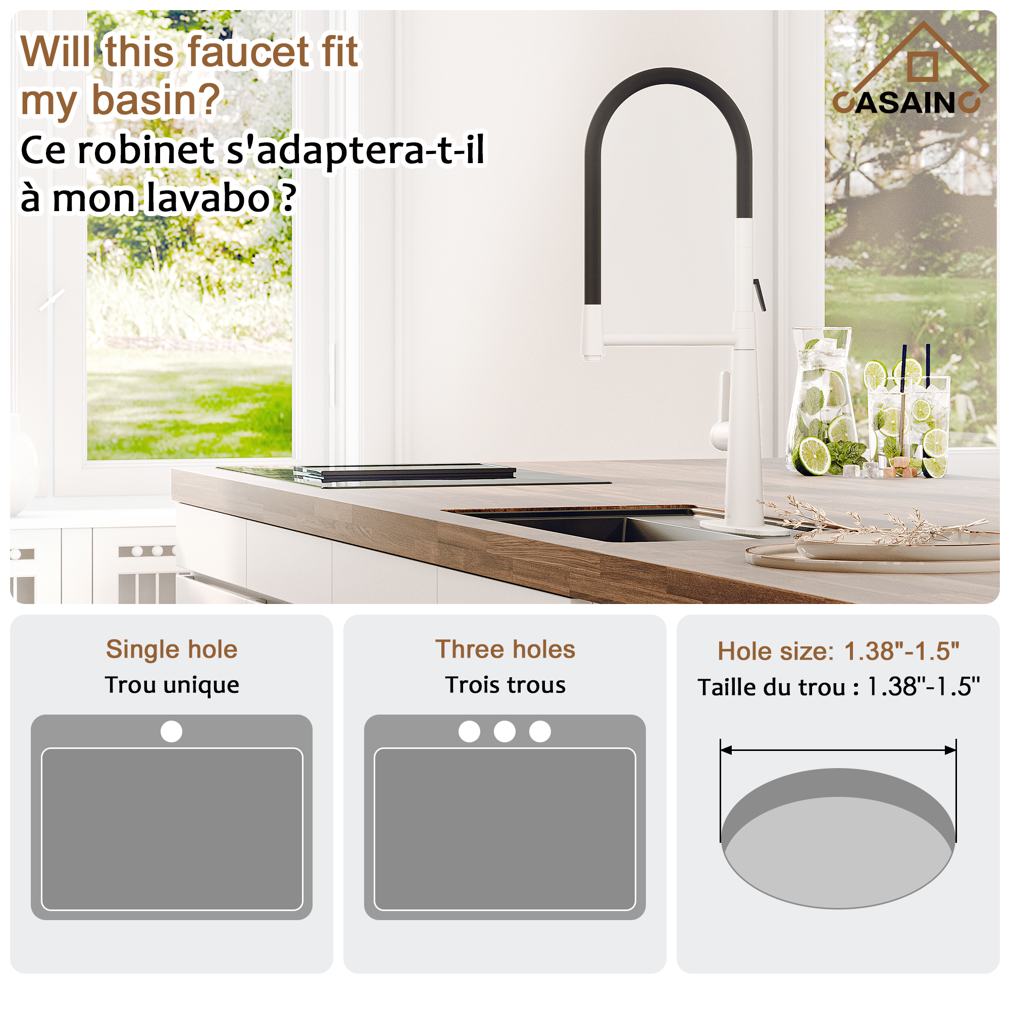 CASAINC 1.8GPM Single-Handle Standard Kitchen Faucet with Fast Mount and Deck Plate, 3 Colors Available-Casainc Canada