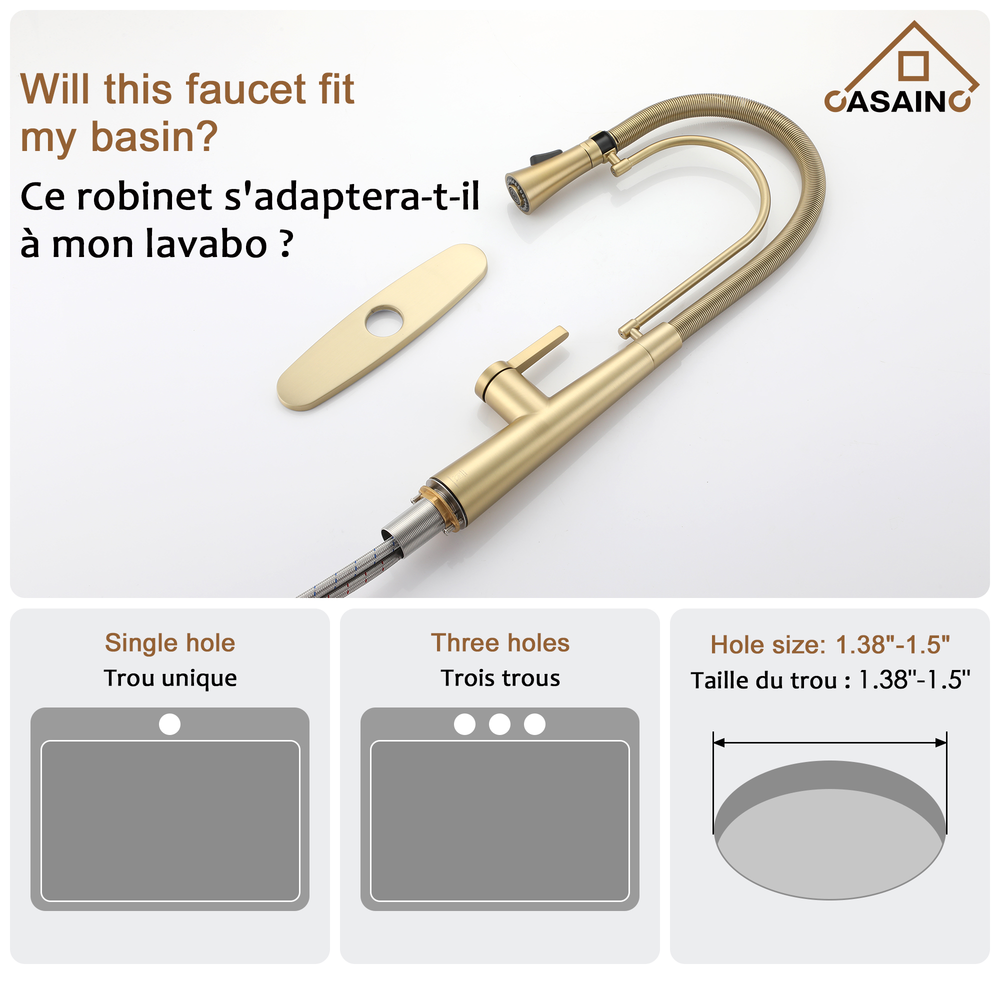 CASAINC 1.8GPM Spring Kitchen Faucet in Brushed Gold and More-Casainc Canada