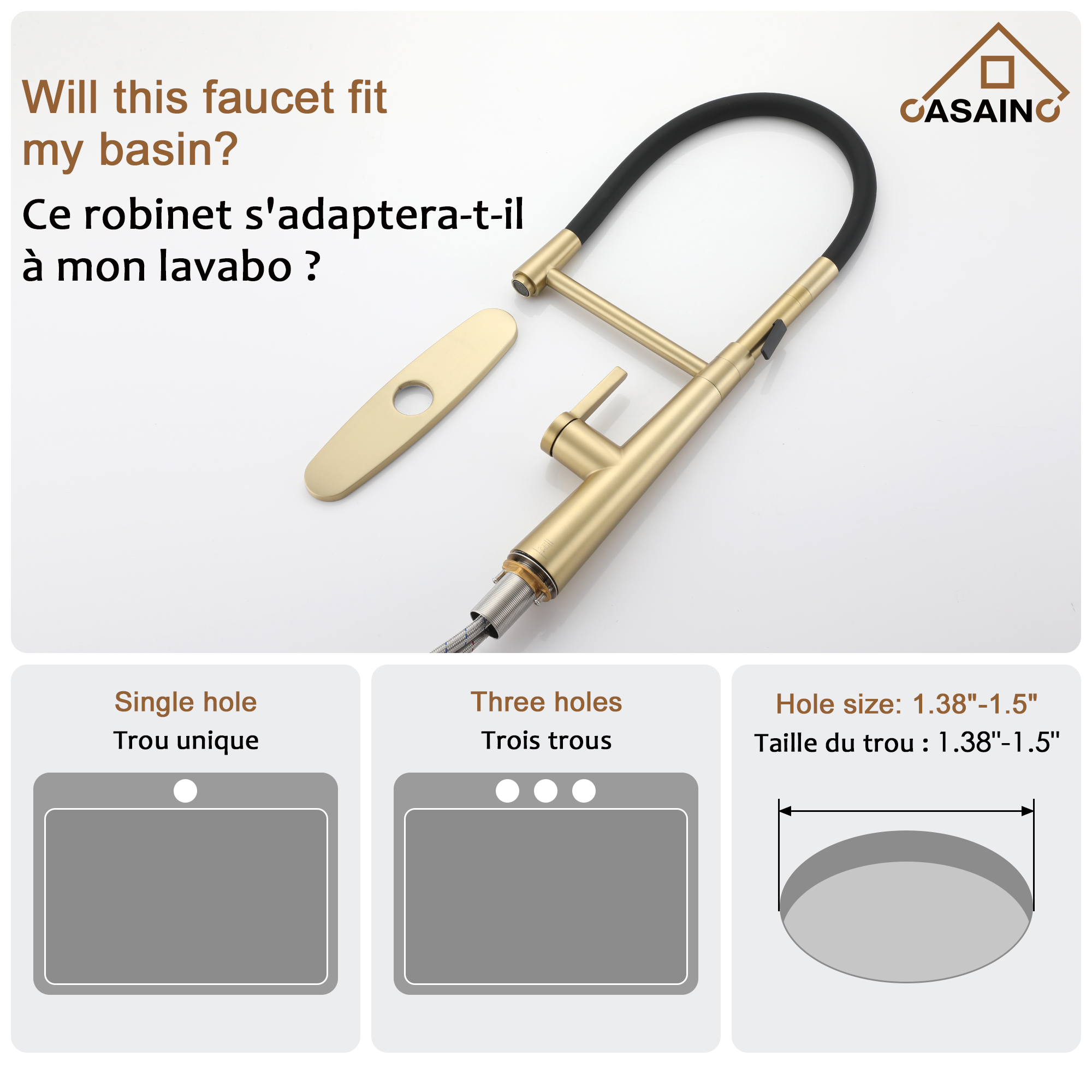 CASAINC 1.8GPM Single-Handle Standard Kitchen Faucet with Fast Mount and Deck Plate, 3 Colors Available