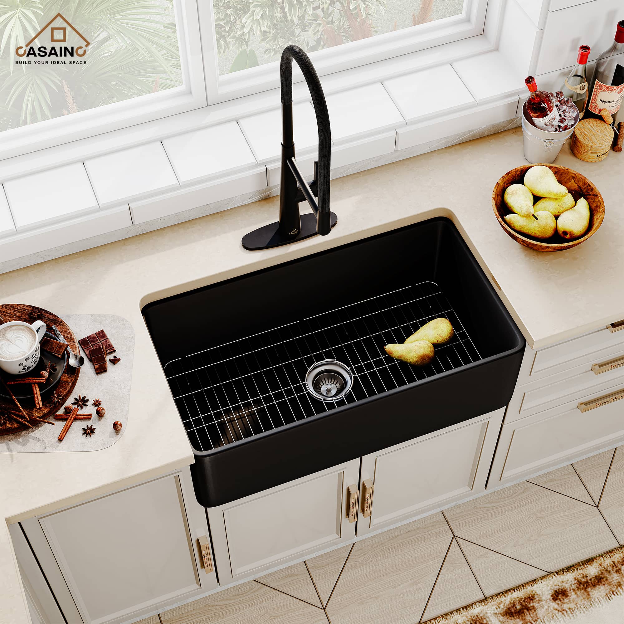CASAINC Fireclay 30 Inch Single Bowl Farmhouse Apron Kitchen Sink with Grid and Strainers in Matte Black-Casainc Canada