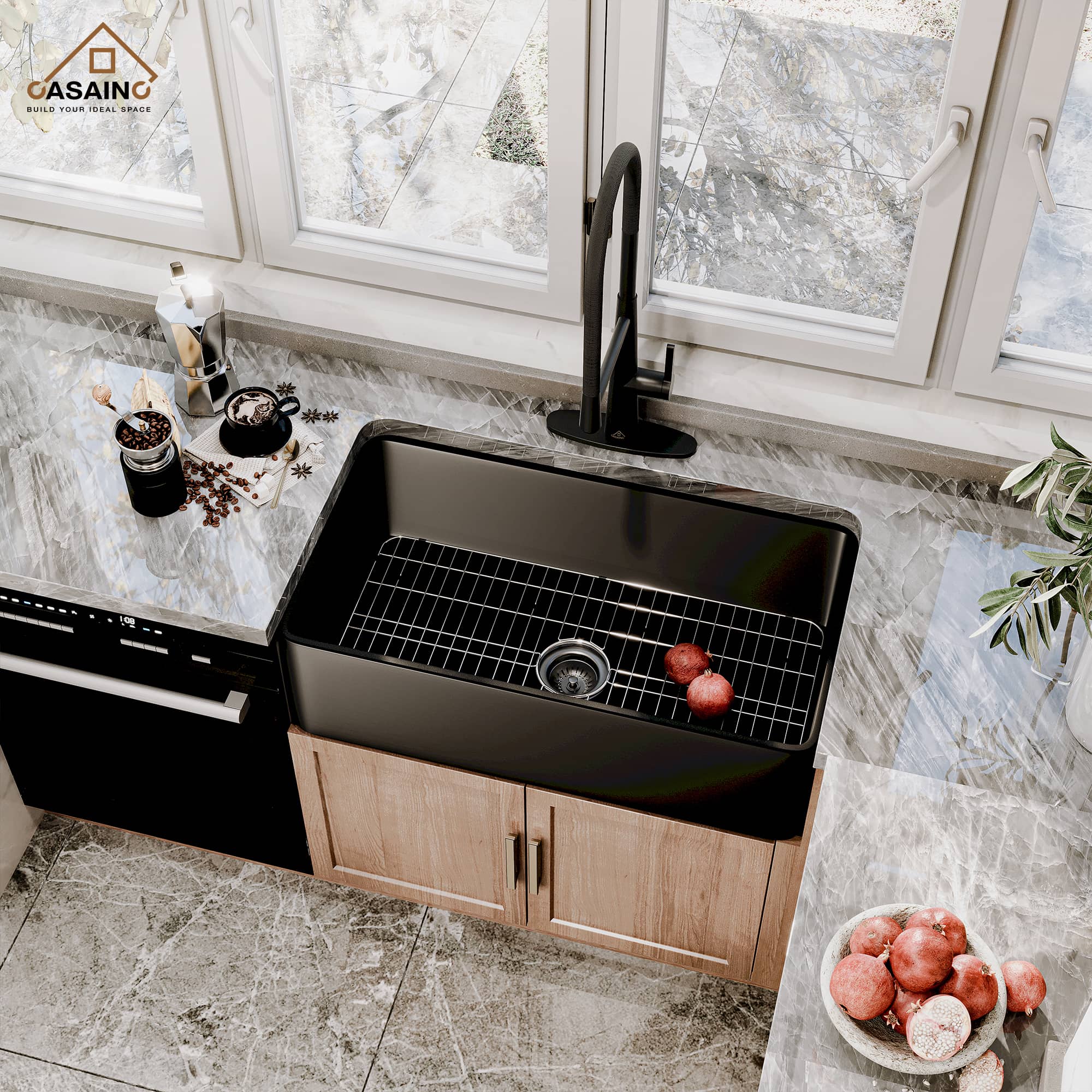 CASAINC Fireclay 33 Inch Single Bowl Farmhouse Apron Kitchen Sink with Grid and Strainers in Matte Black-Casainc Canada