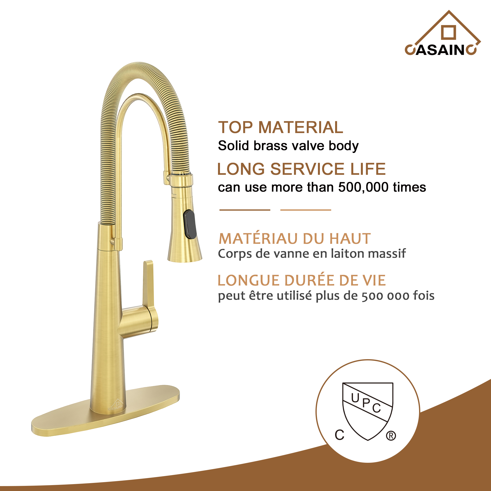 CASAINC 1.8GPM Spring Kitchen Faucet in Brushed Gold and More-Casainc Canada