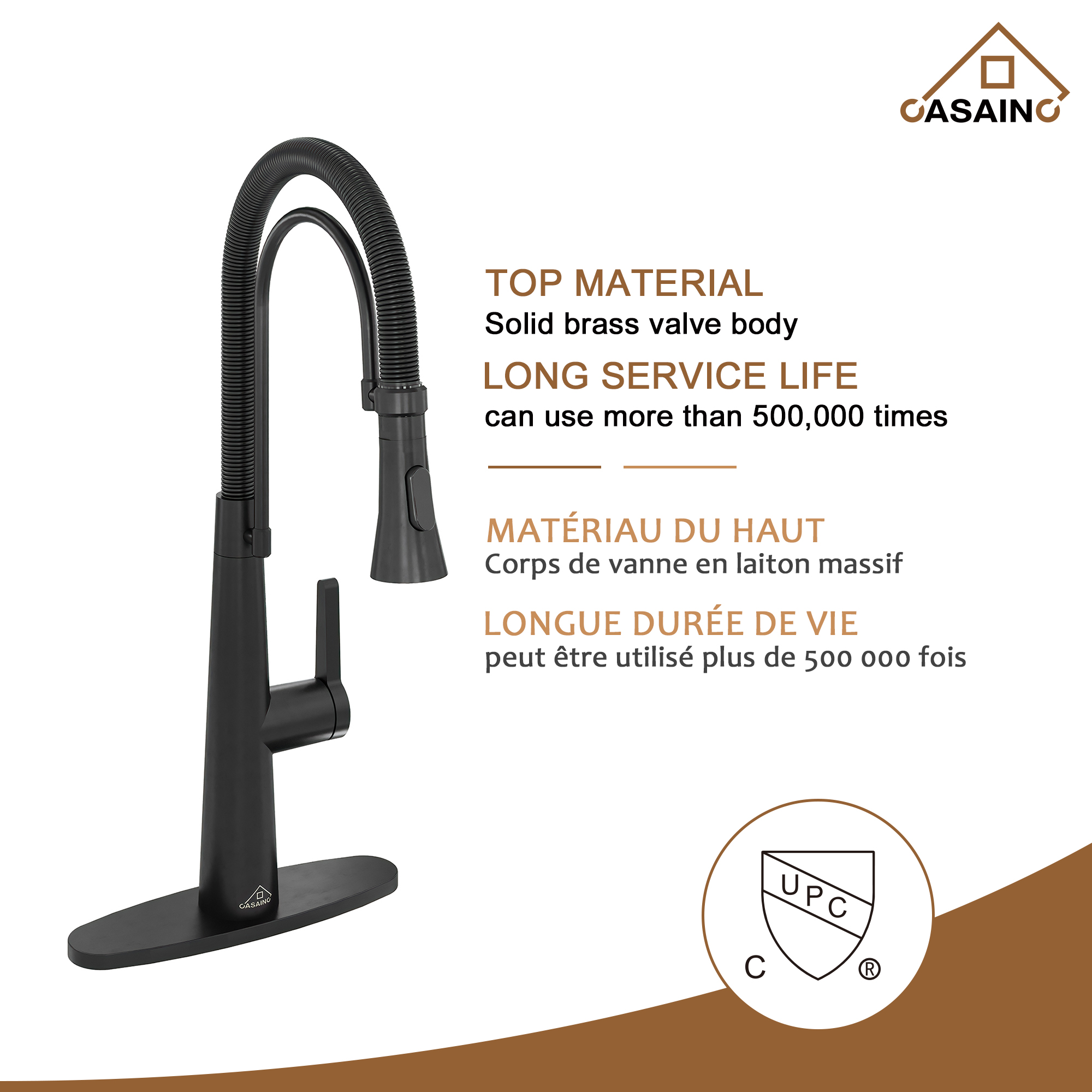 CASAINC 1.8GPM Spring Kitchen Faucet in Brushed Gold and More-Casainc Canada