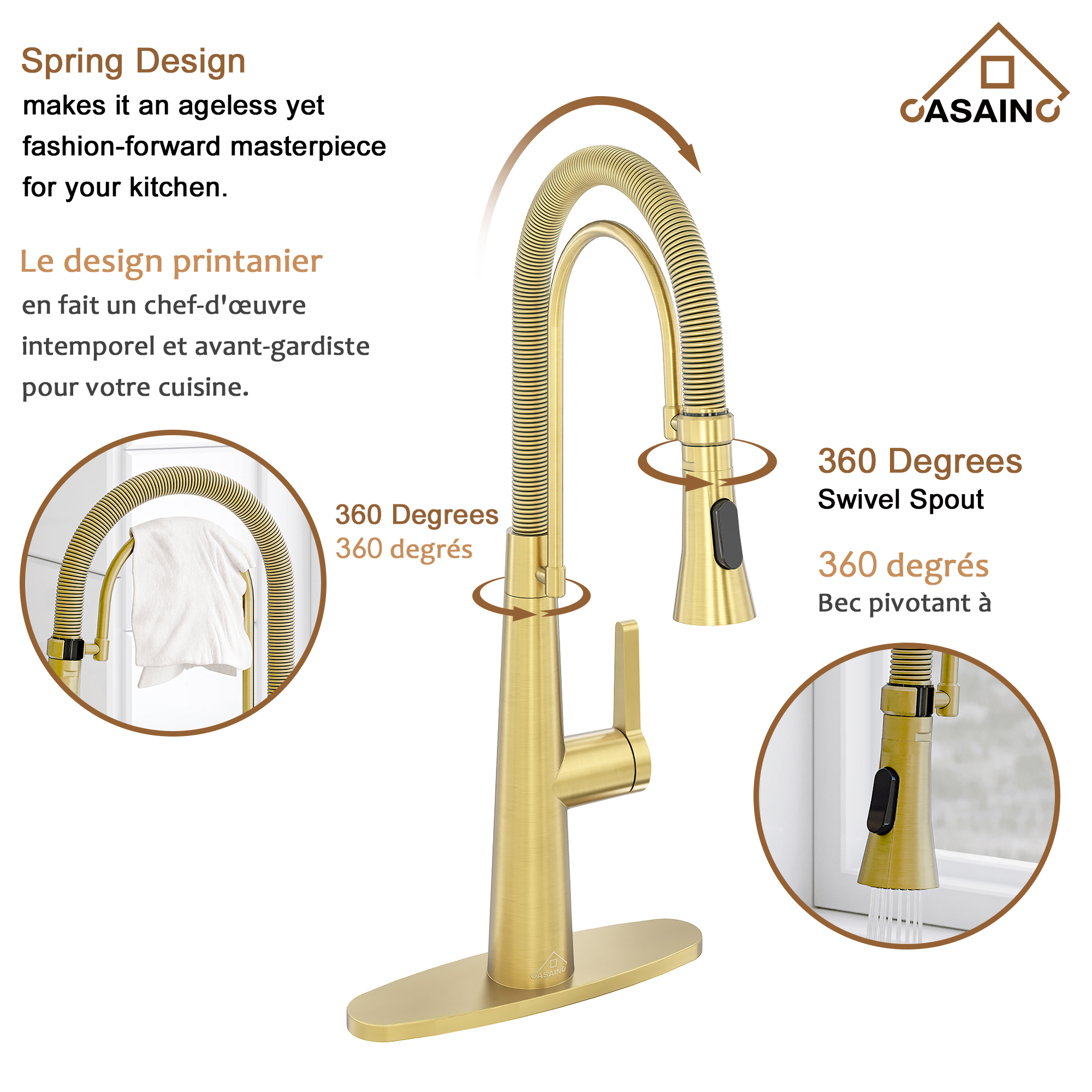 CASAINC 1.8GPM Spring Kitchen Faucet in Brushed Gold and More-Casainc Canada