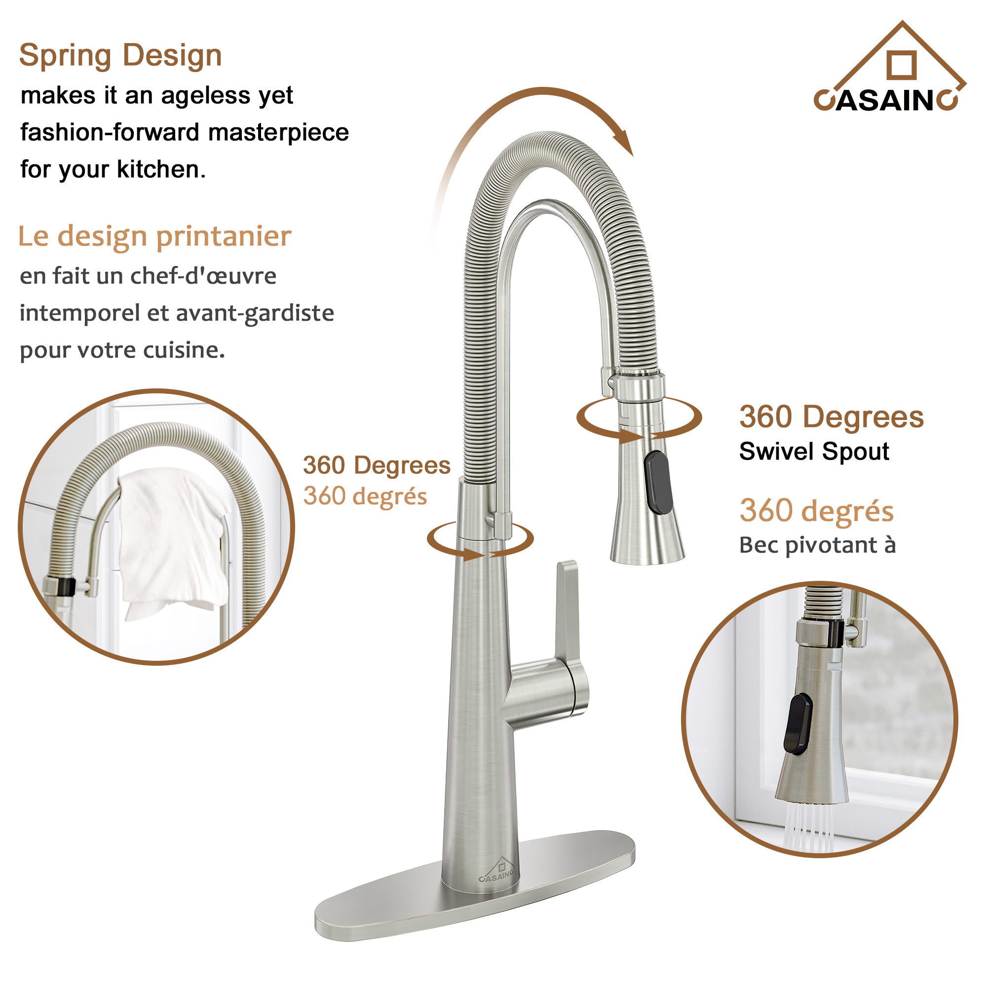 CASAINC 1.8GPM Spring Kitchen Faucet in Brushed Gold and More-Casainc Canada