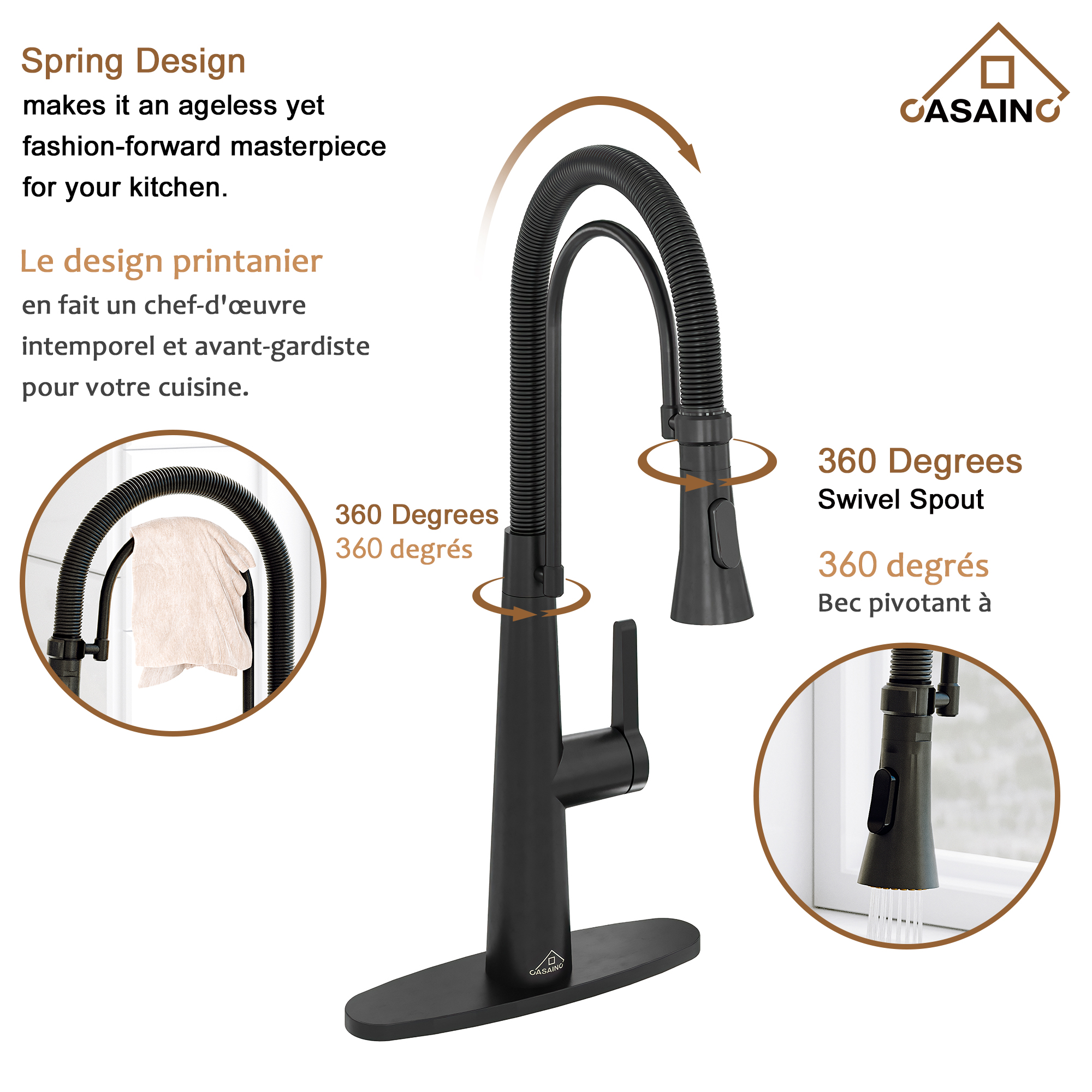 CASAINC 1.8GPM Spring Kitchen Faucet in Brushed Gold and More-Casainc Canada