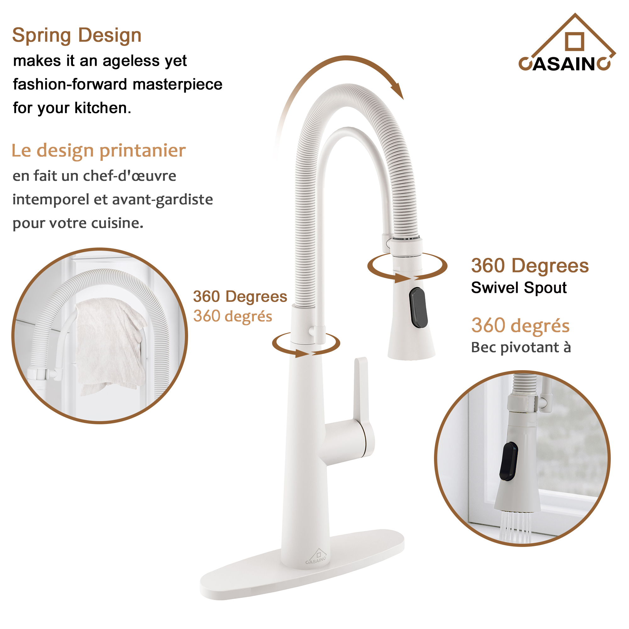 CASAINC 1.8GPM Spring Kitchen Faucet in Brushed Gold and More-Casainc Canada