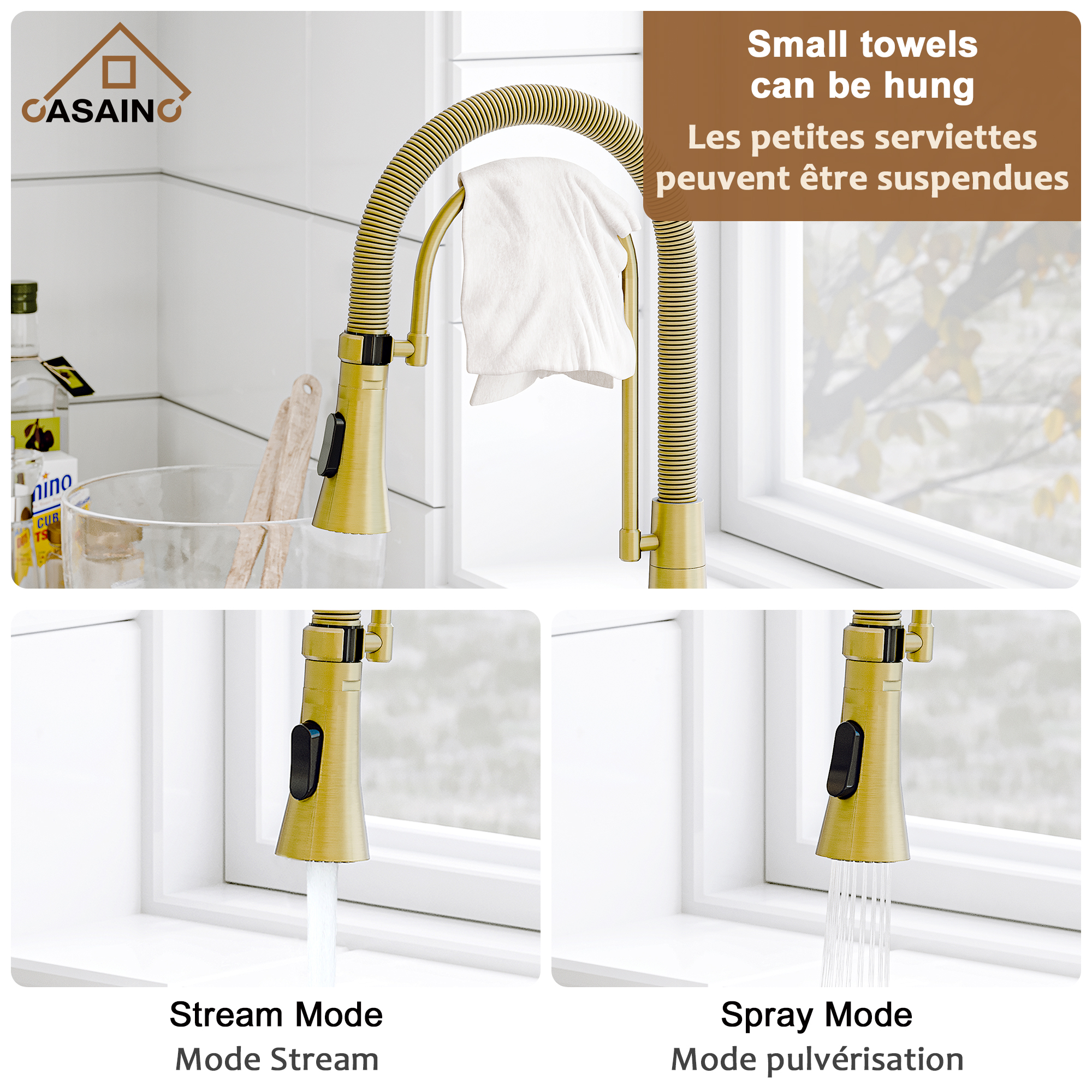 CASAINC 1.8GPM Spring Kitchen Faucet in Brushed Gold and More-Casainc Canada