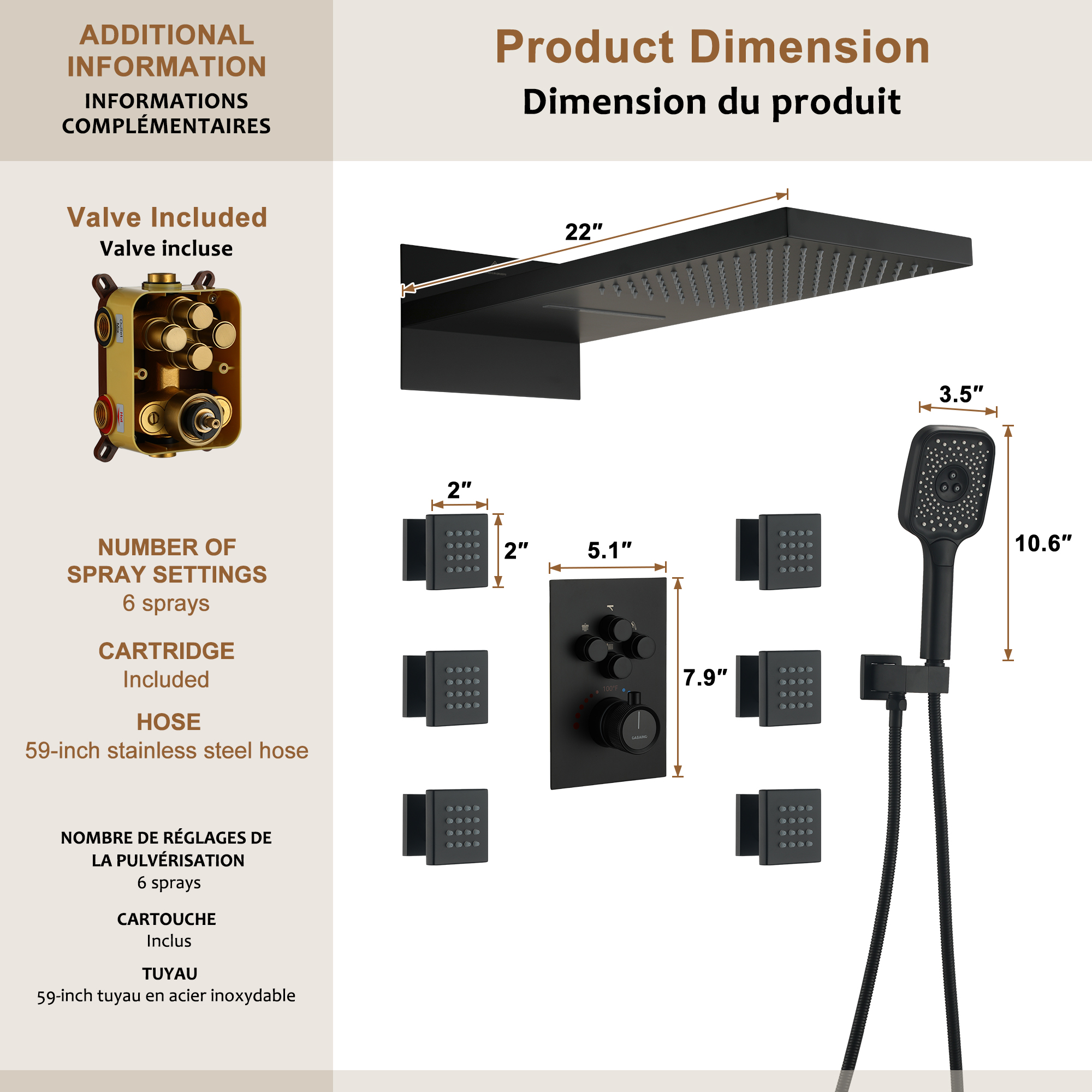 Wall Mounted 20 Inch Rectangular Dual-function Rainfall Shower Head 4 Function Thermostatic Shower System,With  6 Body Jets
