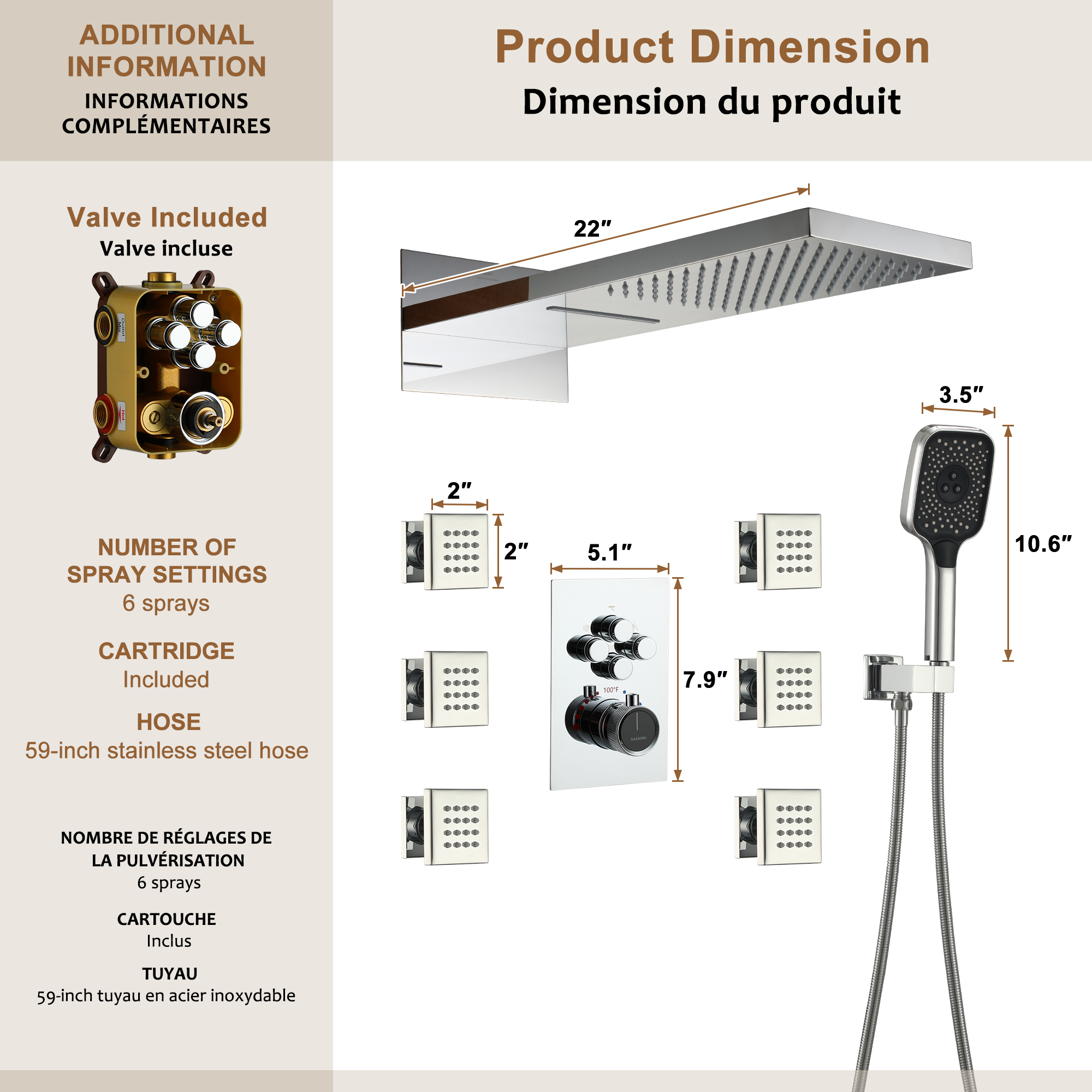 Wall Mounted 20 Inch Rectangular Dual-function Rainfall Shower Head 4 Function Thermostatic Shower System,With  6 Body Jets