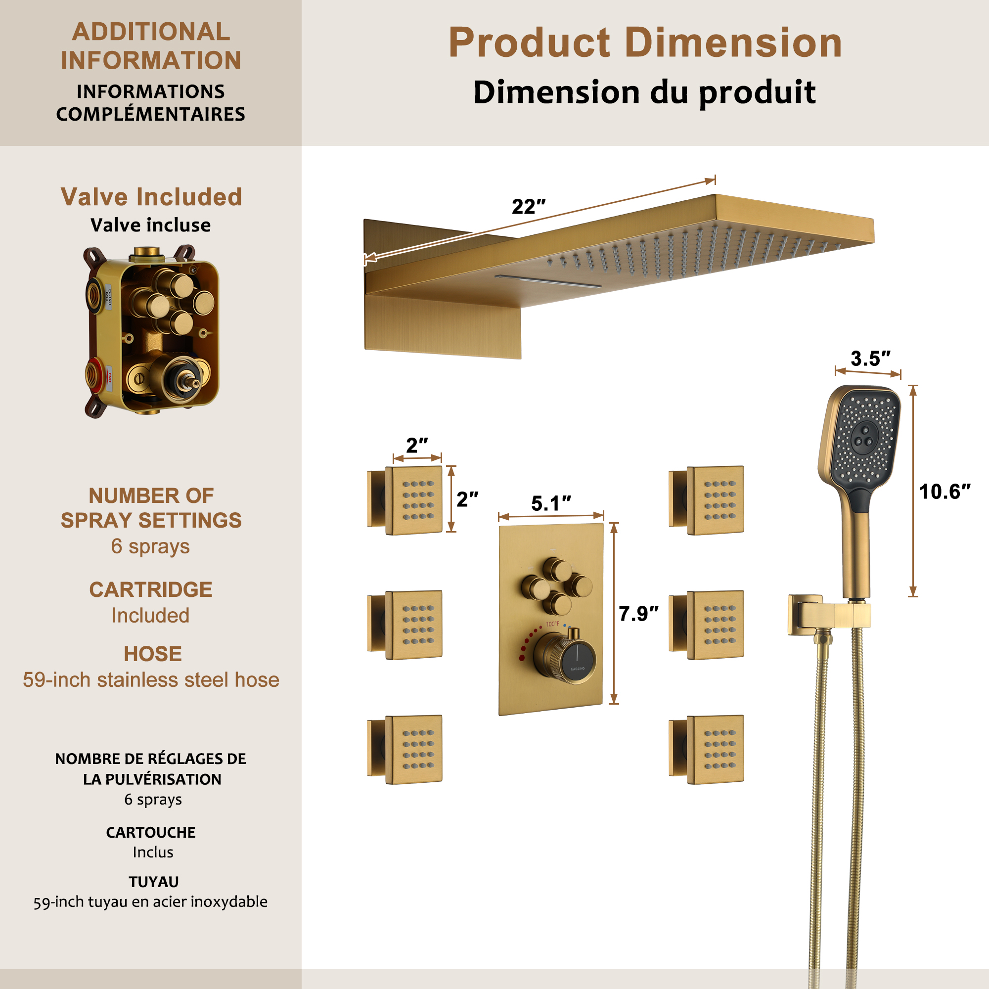 Wall Mounted 20 Inch Rectangular Dual-function Rainfall Shower Head 4 Function Thermostatic Shower System,With  6 Body Jets
